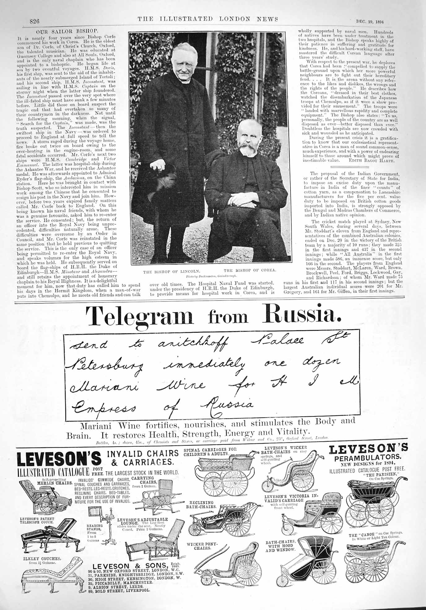 Old Antique Print 1894 Bishop Lincoln Corea Mariani Wine Russia Leveson 19th