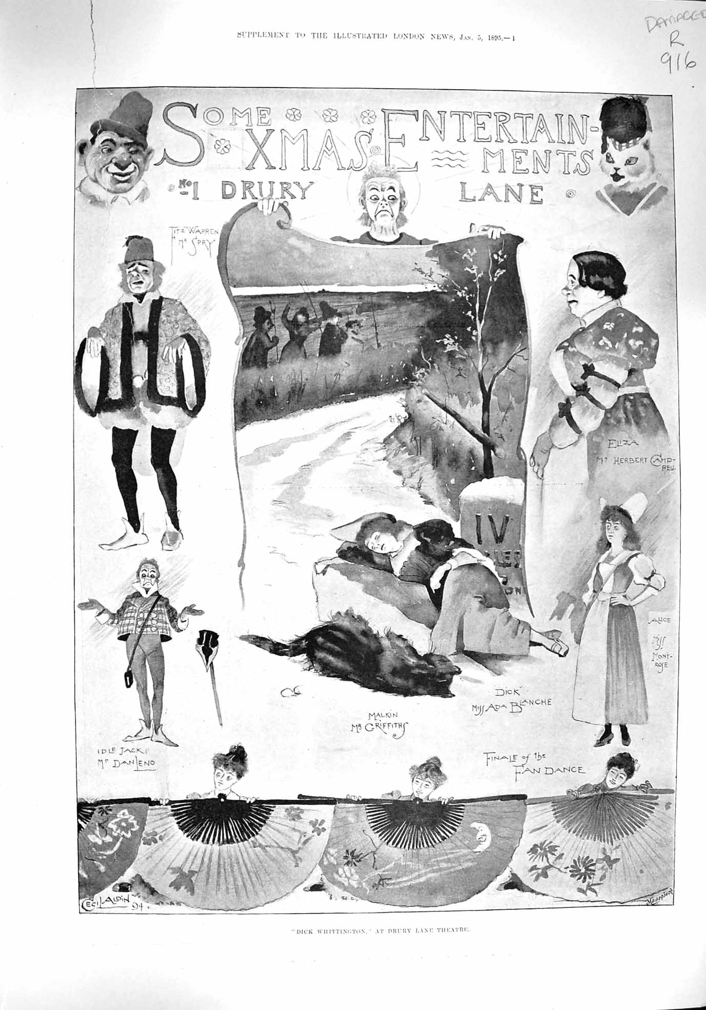 Original Old Antique Print Damaged 1895 Theatre Whittington Olympia Lyceum 19th