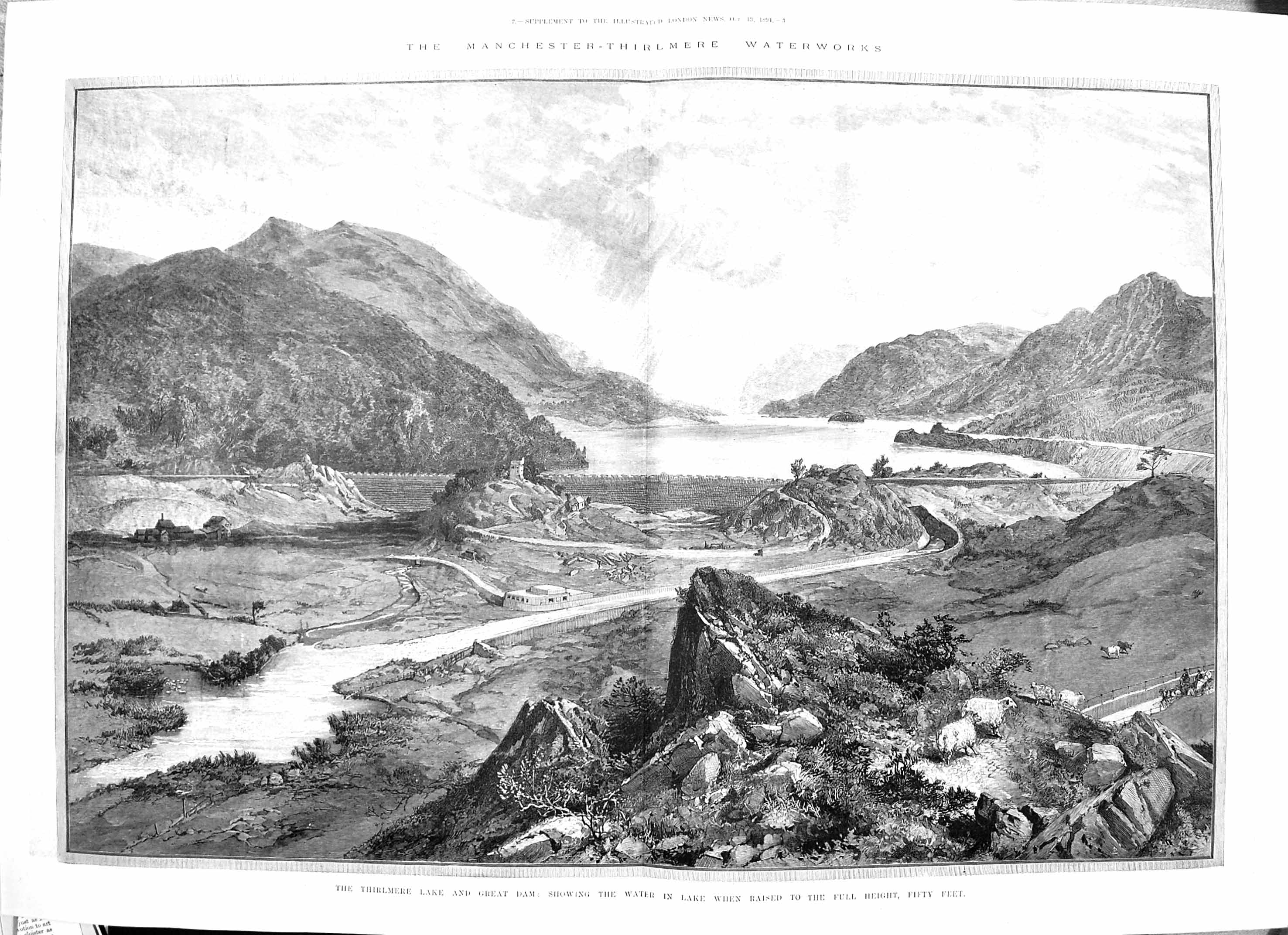 Original Old Antique Print 1895 Manchester Thirlmere Waterworks Lake Dam 19th
