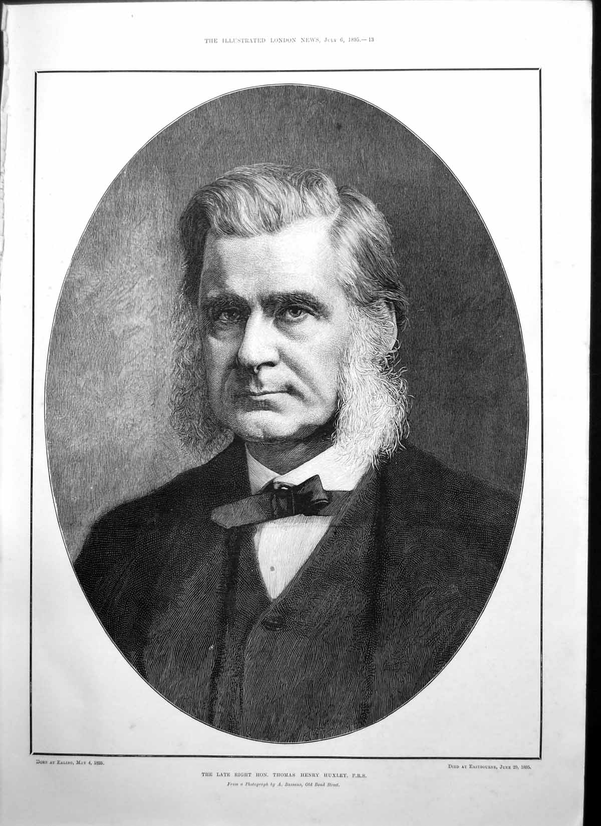Antique Old Print Portrait Late Right Hon Thomas Henry Huxley F R S 1825-1895