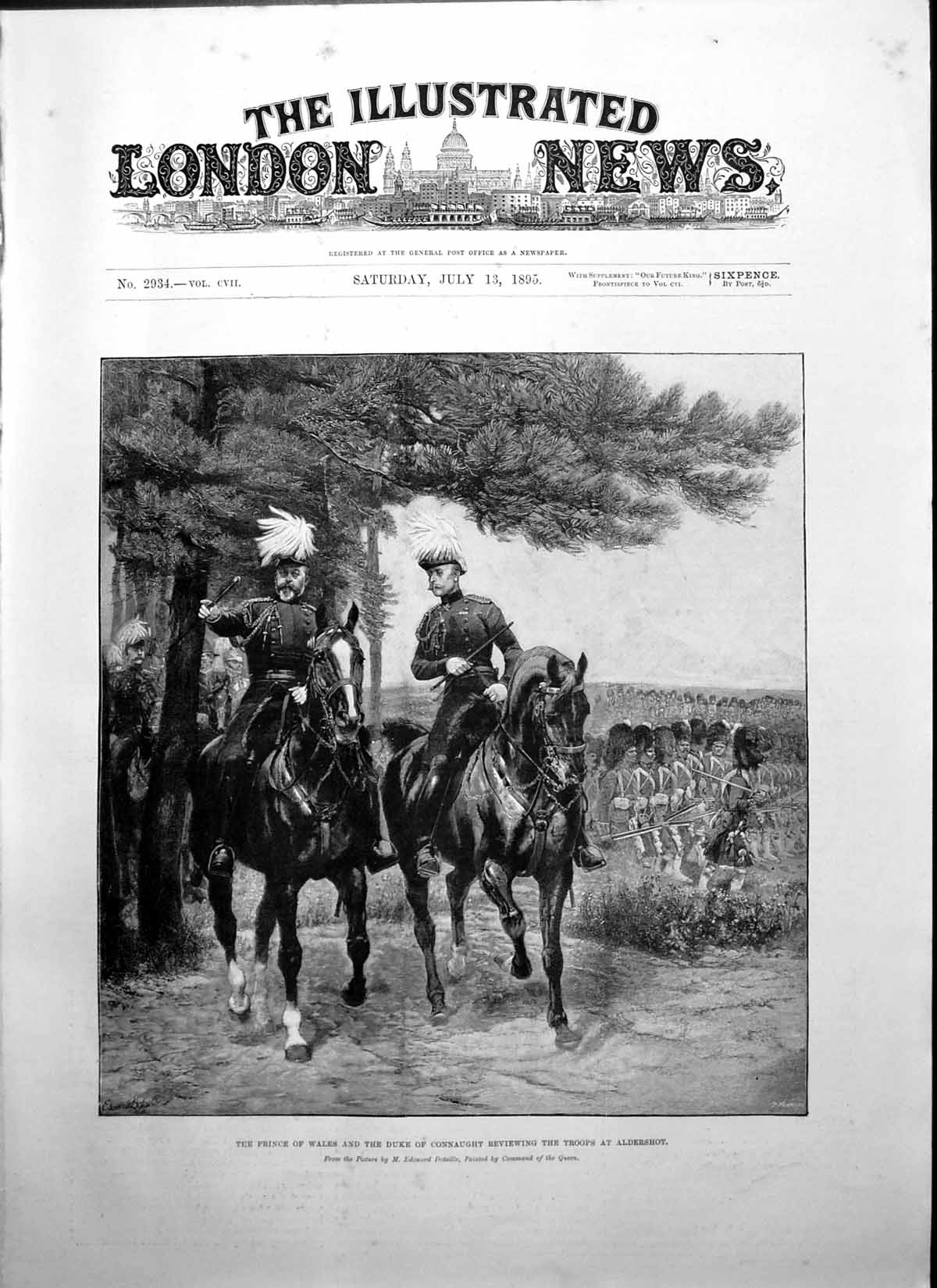 Antique Old Print Prince Wales Duke Connaught Reviewing Troops Aldershot 1895