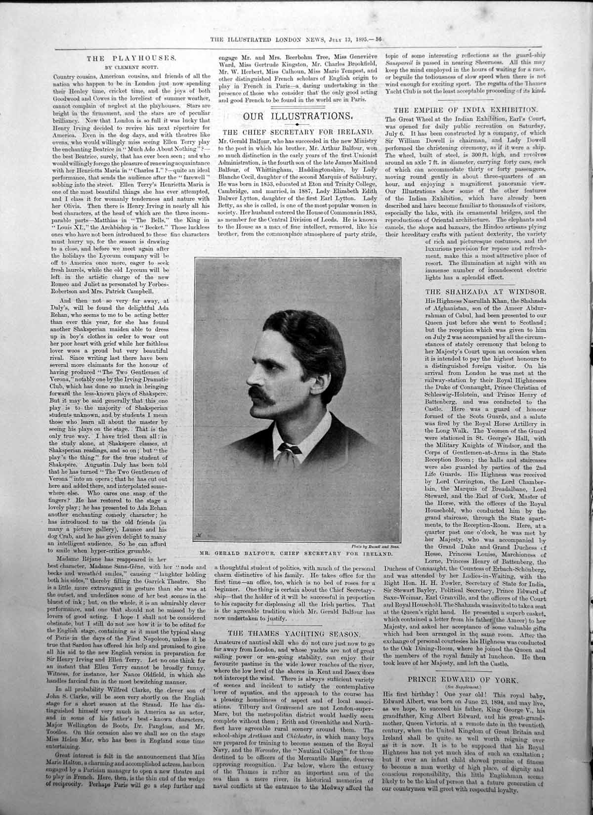 Original Old Antique Print Gerald Balfour Chief Secretary Ireland 1895 19th