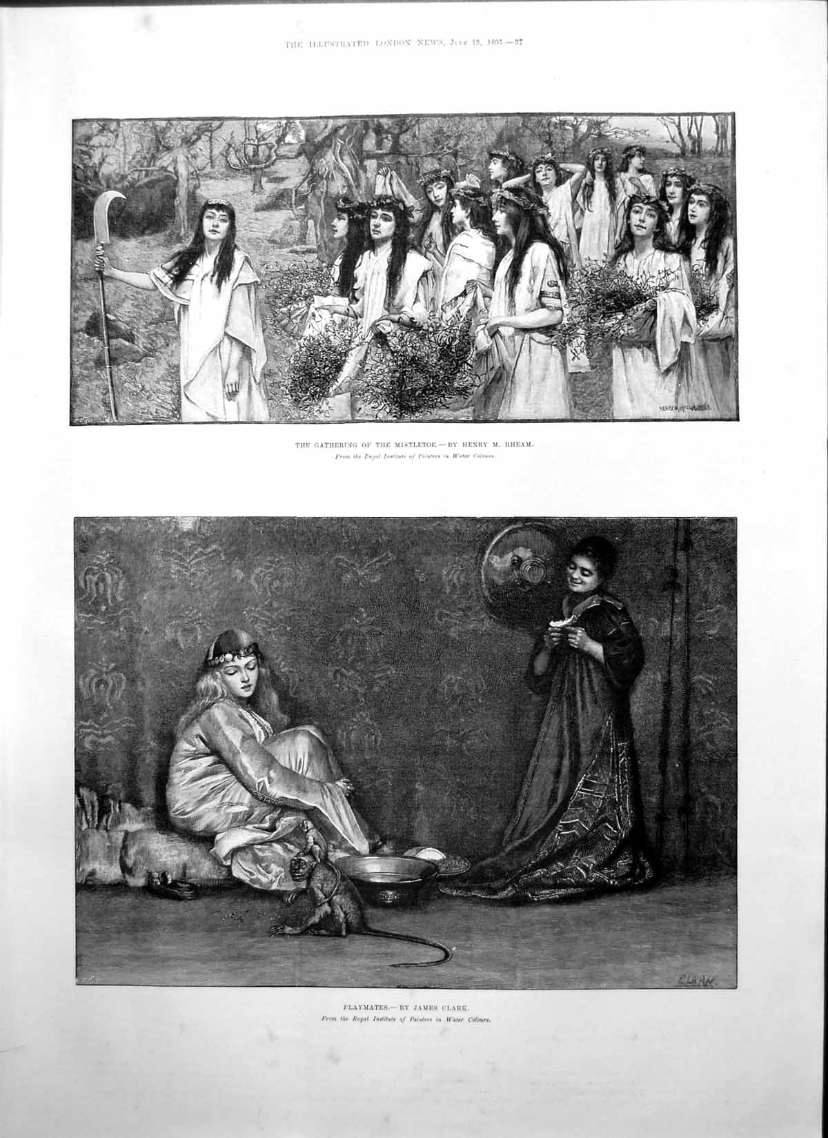Antique Old Print Gathering Mistletoe Henry Rheam Playmates James Clark 1895