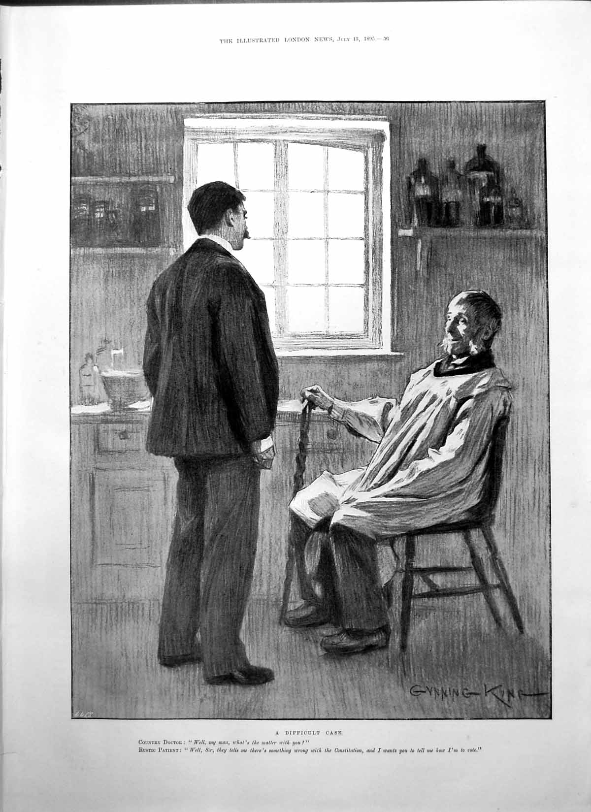 Old Print Difficult Case Country Doctor Rustic Patient Gunning King 1895 19th