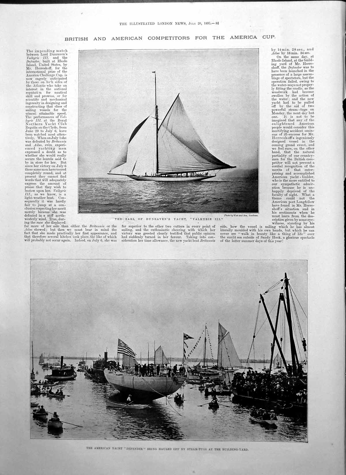 Old Print Yacht America Cup Valkyrie 111 Defender Stratford Mill Constable 1895