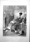 Original Old Antique Print Engagement Ring Young Woman Dog Fireside 1895 19th
