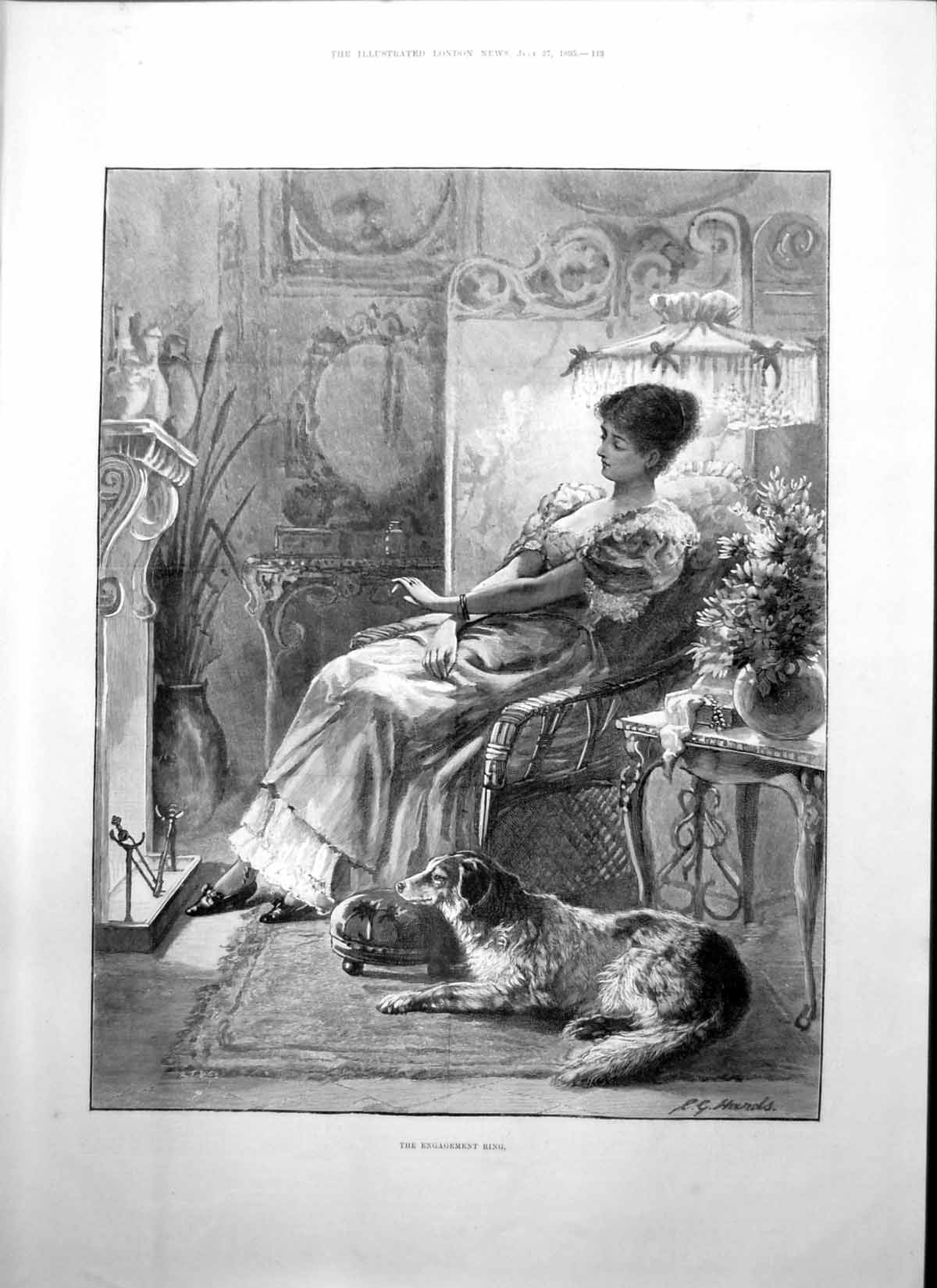 Original Old Antique Print Engagement Ring Young Woman Dog Fireside 1895 19th
