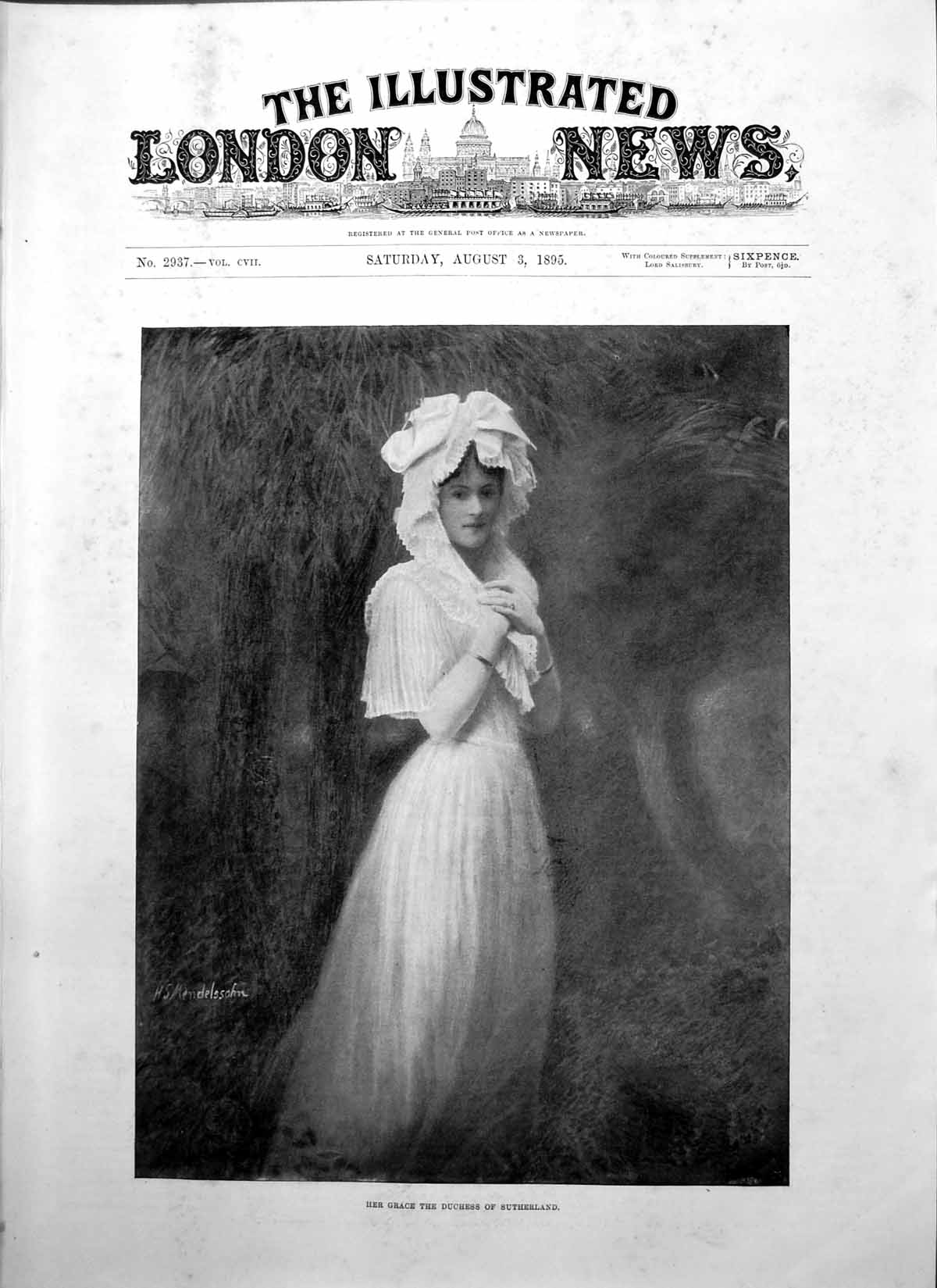 Antique Old Print Portrait Her Grace Duchess Sutherland H Mendelssohn 1895 19th