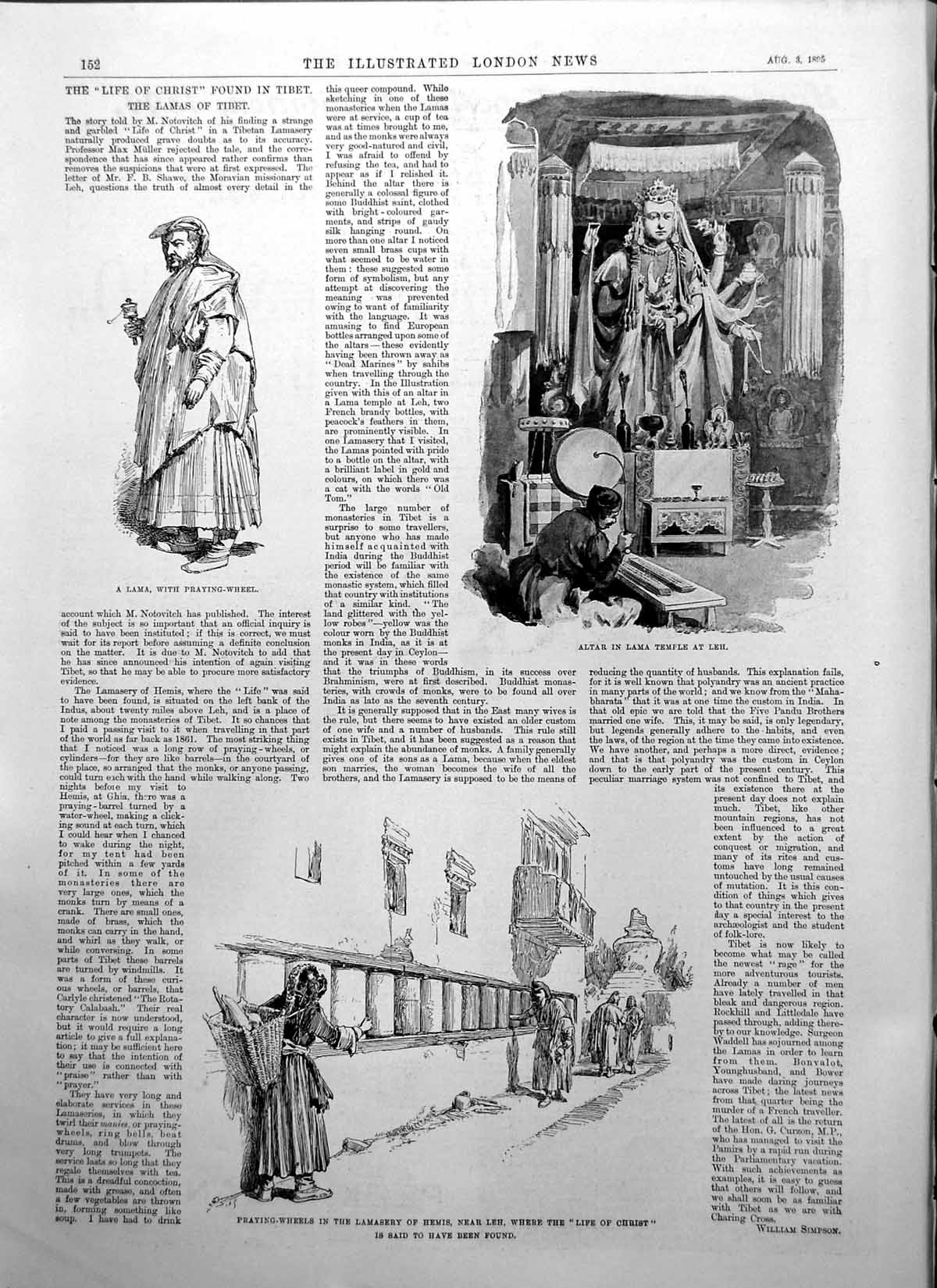 Antique Print Lamas Tibet Praying Wheel Lamasery Hemis Lama Temple Leh 1895