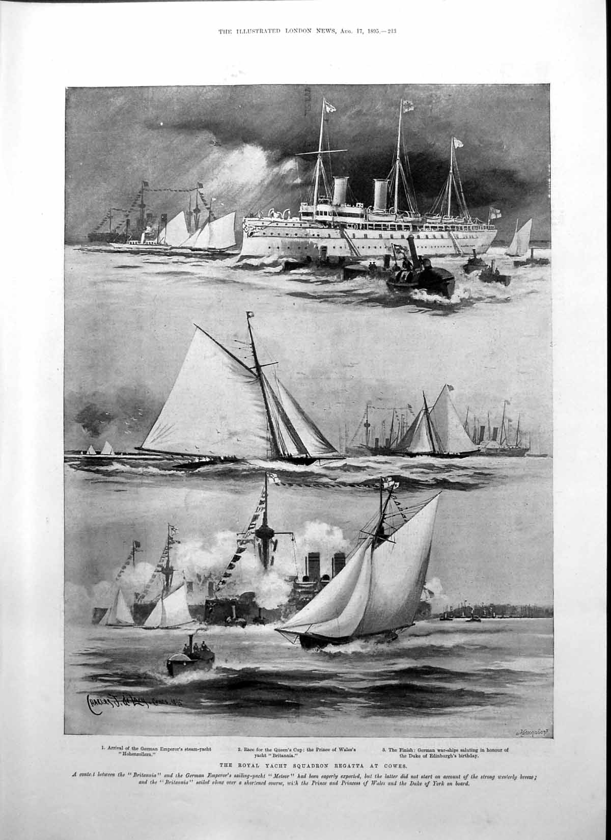 Old Print Royal Yacht Squadron Regatta Cowes Hohenzollern Britannia 1895 19th