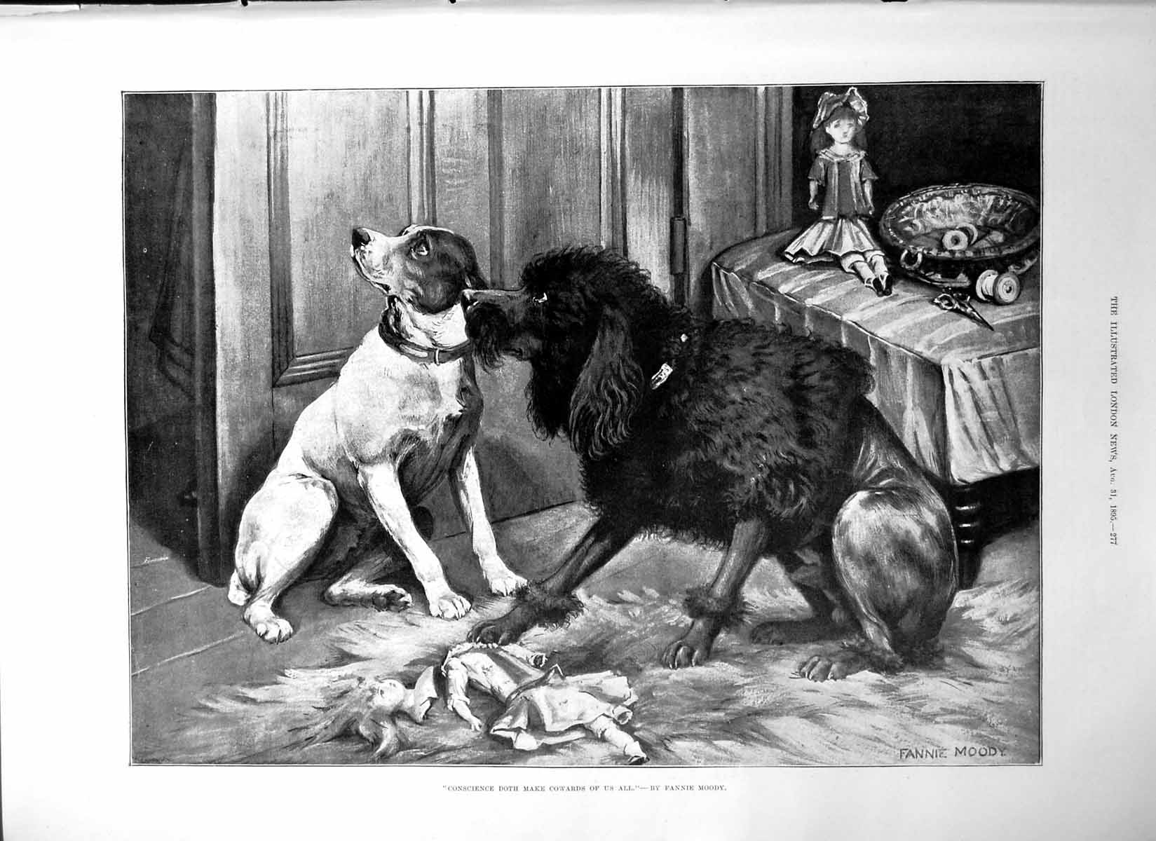 Old Print Conscience Doth Make Cowards Us All Fannie Moody Dogs Doll1895 19th