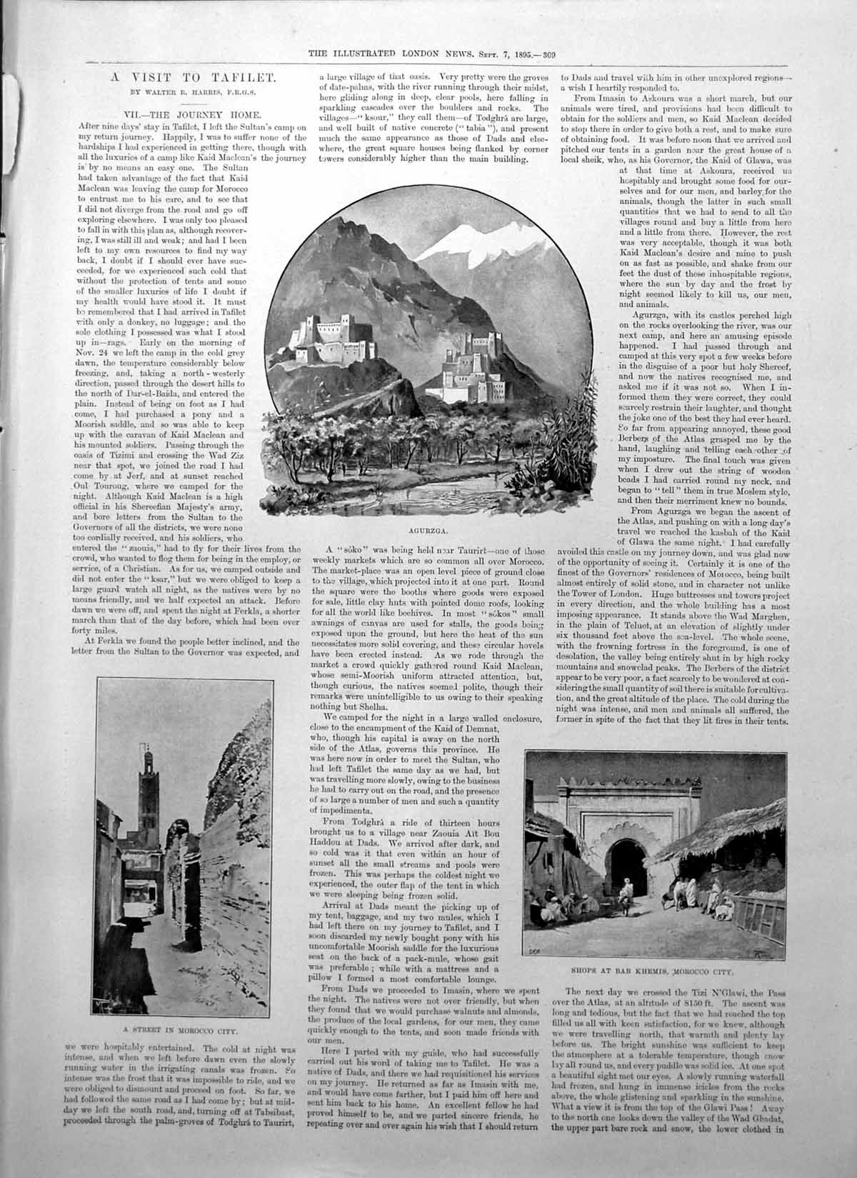 Original Old Antique Print Street Morocco City Shops Bab Khemis Agurzga 1895