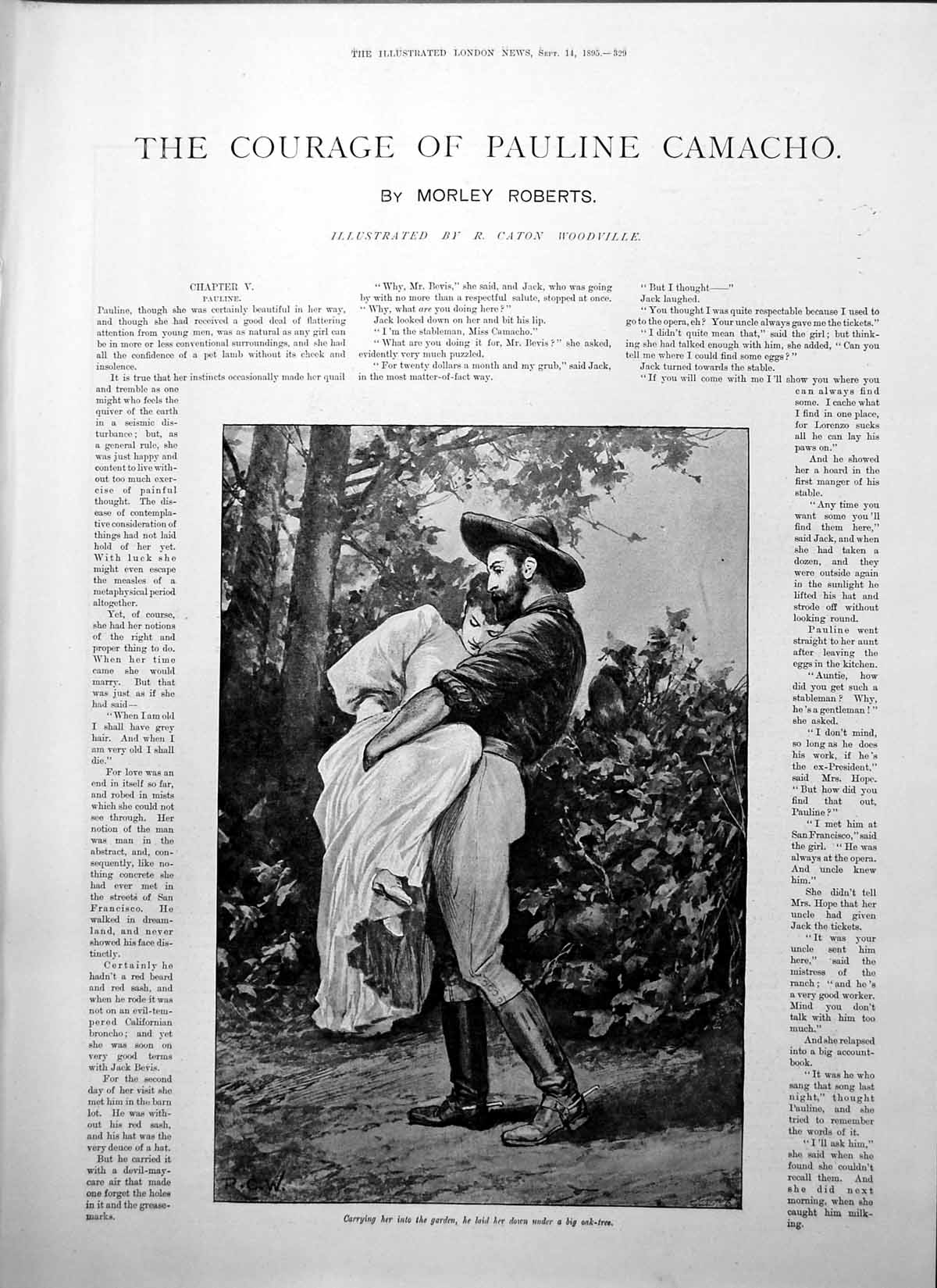 Old Print Courage Pauline Camacho Man Carrying Woman Garden Oak Tree 1895 19th