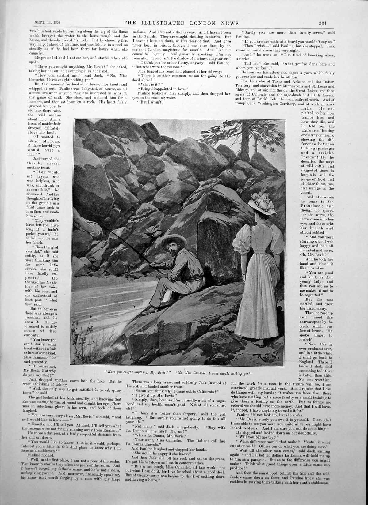 Antique Print Mr Bevis Miss Camacho Fishing Rectory Grasmere Wordsworth1895