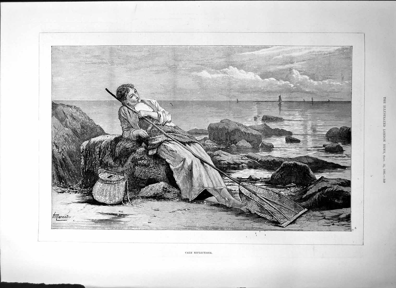 Old Calm Reflections Woman Fishing Ipswich Town Hall St Peters Dock1895 19th