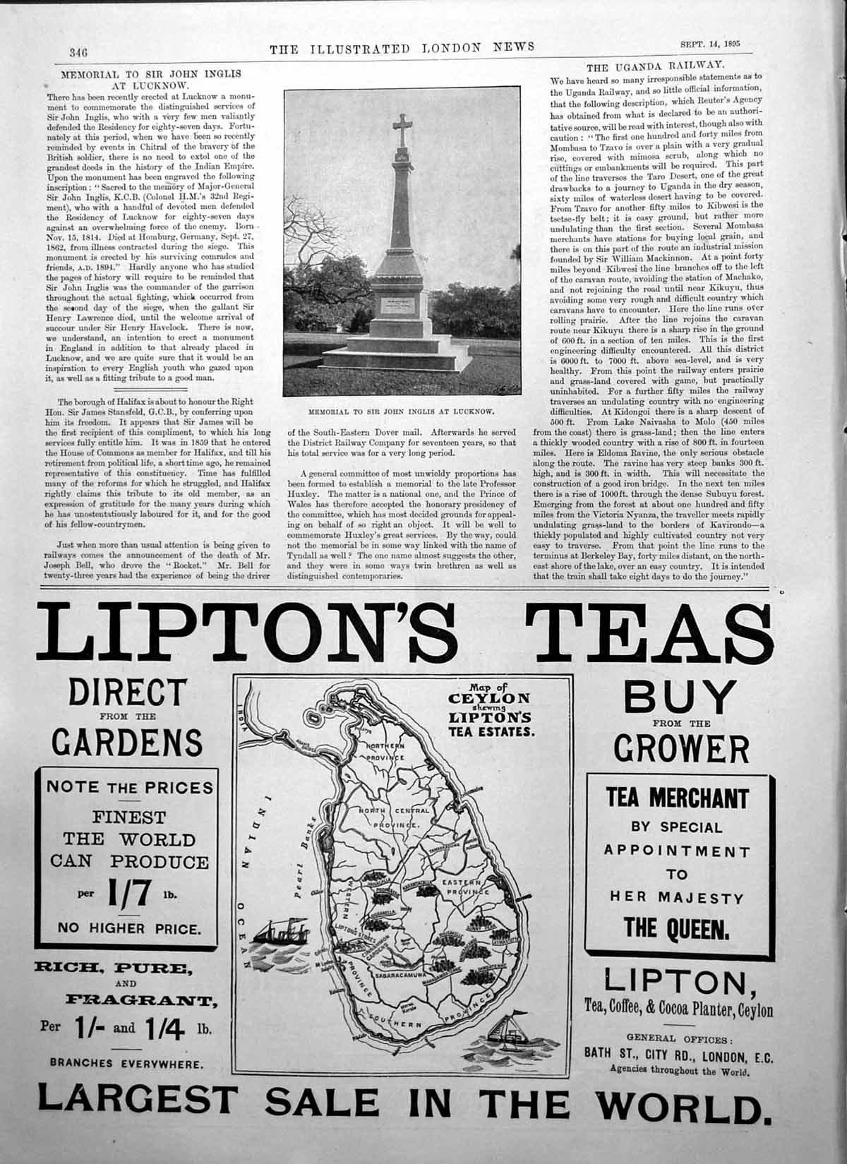 Antique Old Print Memorial Sir John Inglis Lucknow Liptons Teas London 1895