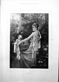 Antique Old Print Mothers Joy Rene San Varoni Woman Baby Basket Garden 1895