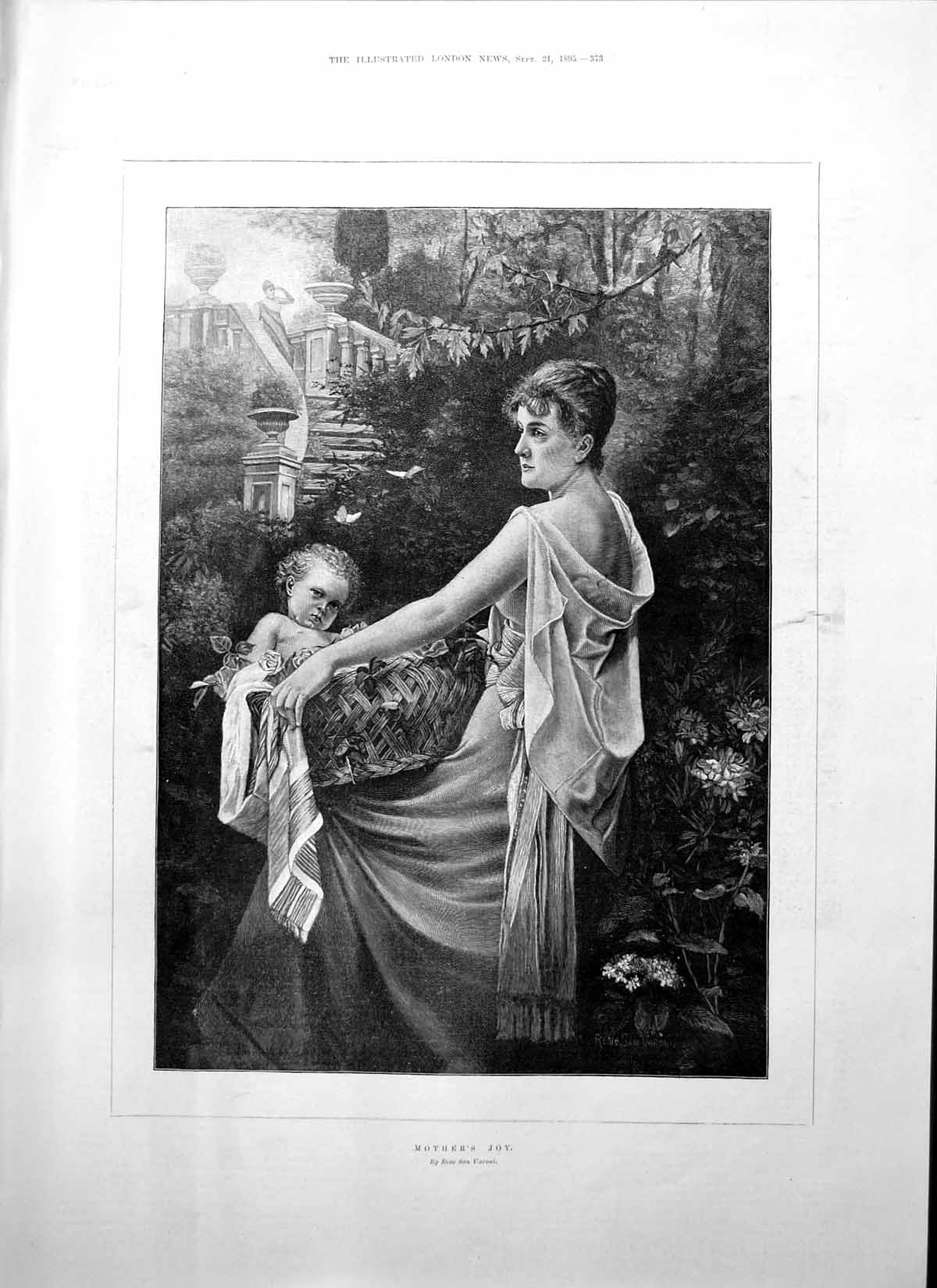 Antique Old Print Mothers Joy Rene San Varoni Woman Baby Basket Garden 1895