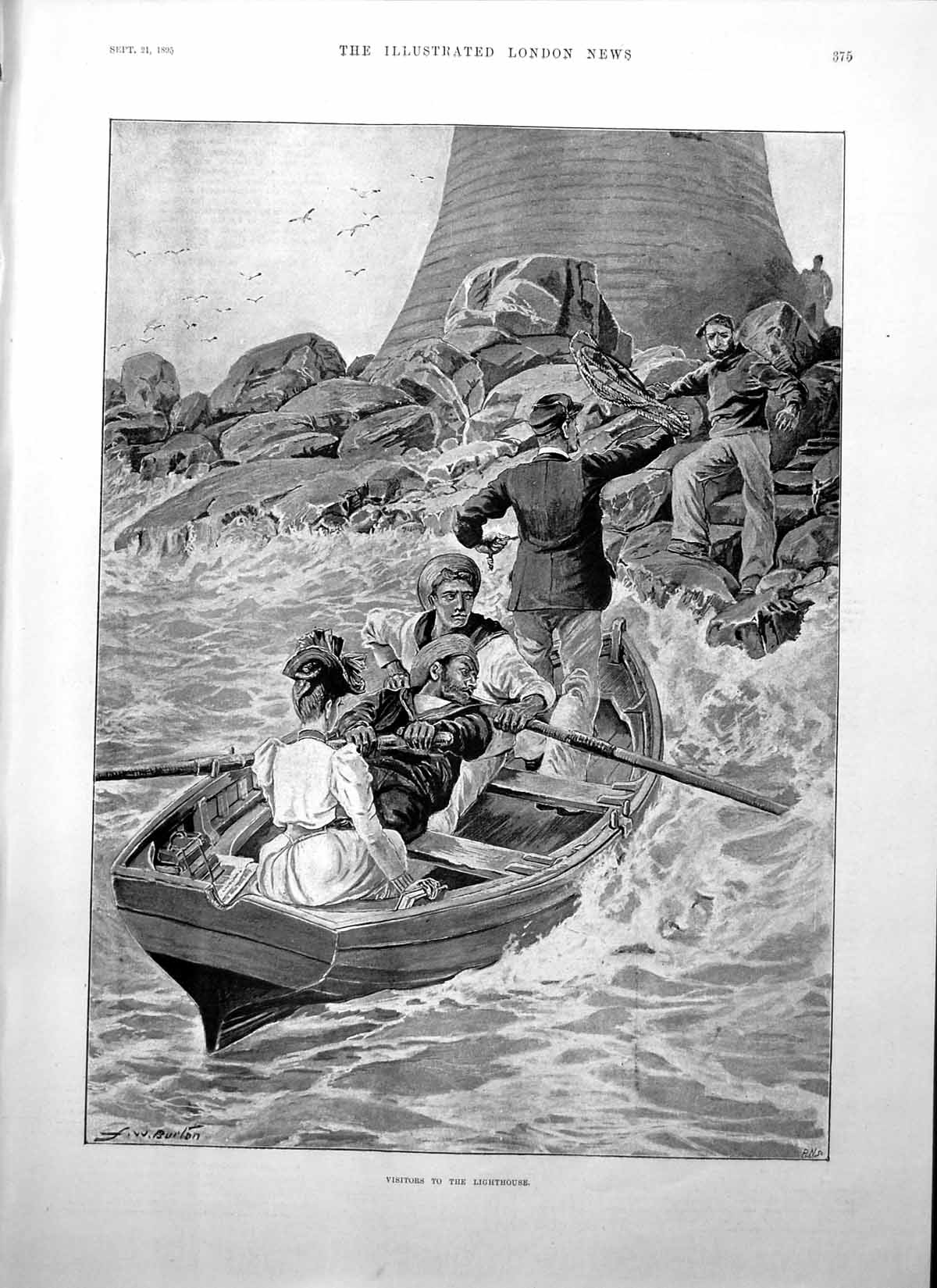 Antique Print Visitors To Lighthouse Burton Arriving Rowing Boat Rope 1895 19th