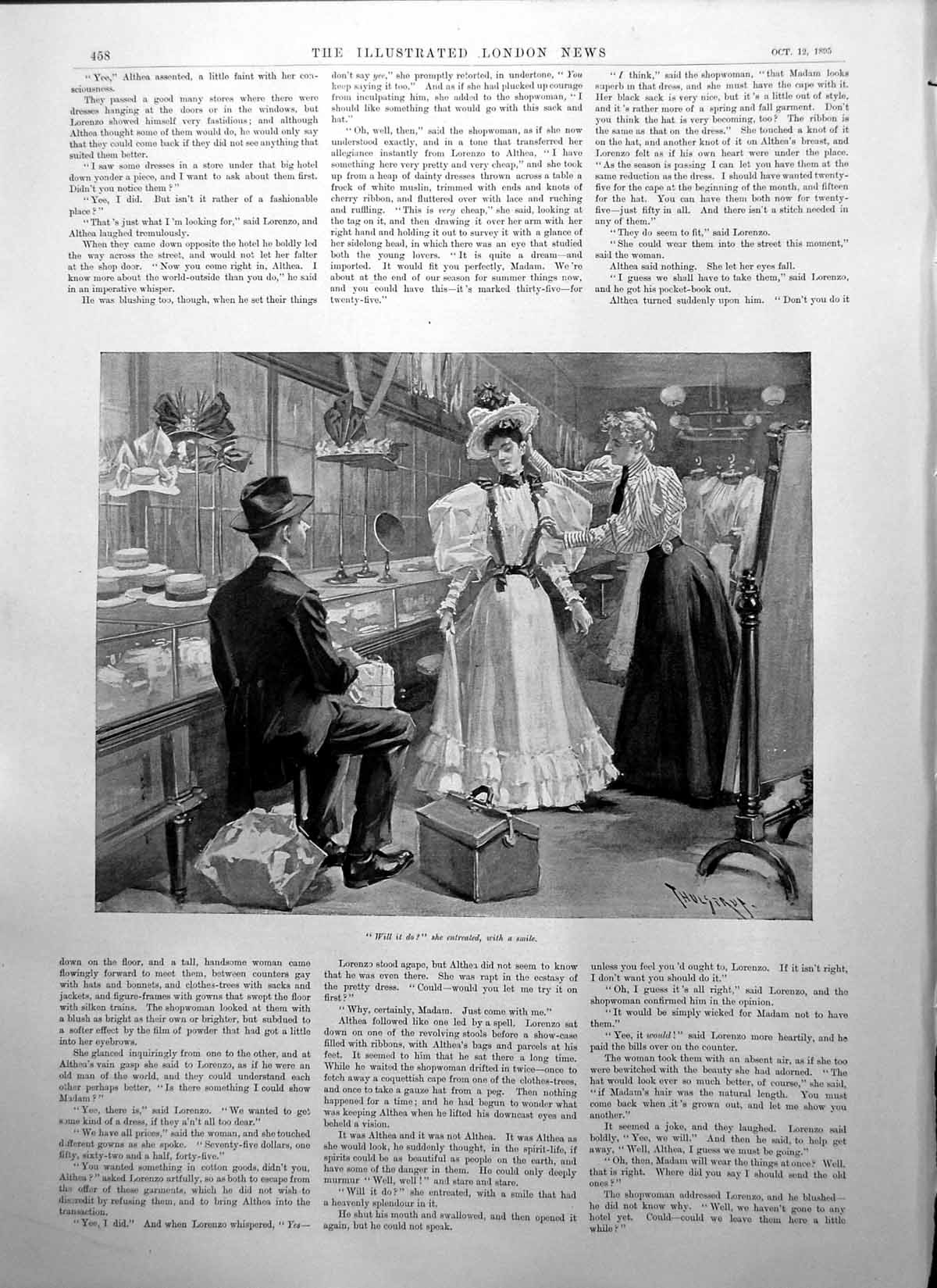 Antique Old Print Day Their Wedding Lady Asks Will It Do Trying On Hat 1895