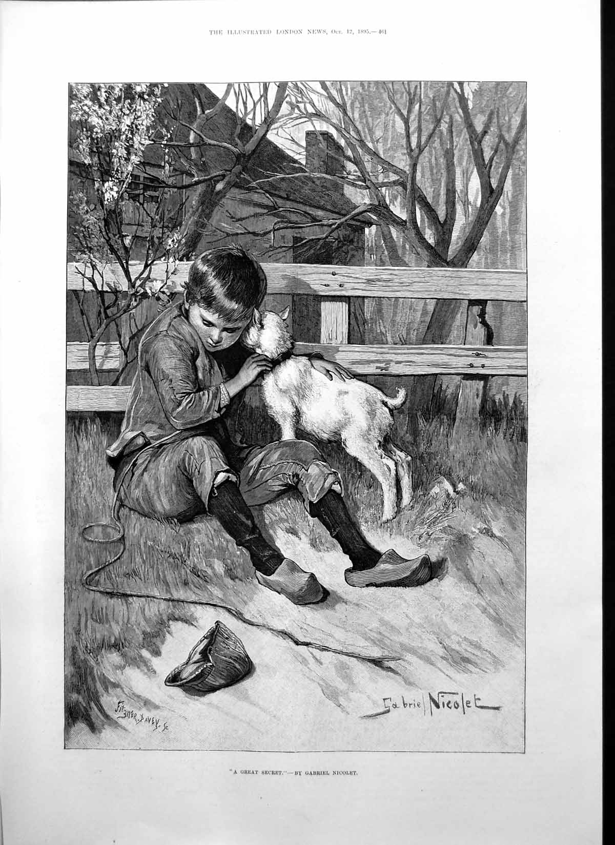 Old Antique Print Great Secret Gabriel Nicolet Young Boy Cloggs Goat 1895 19th