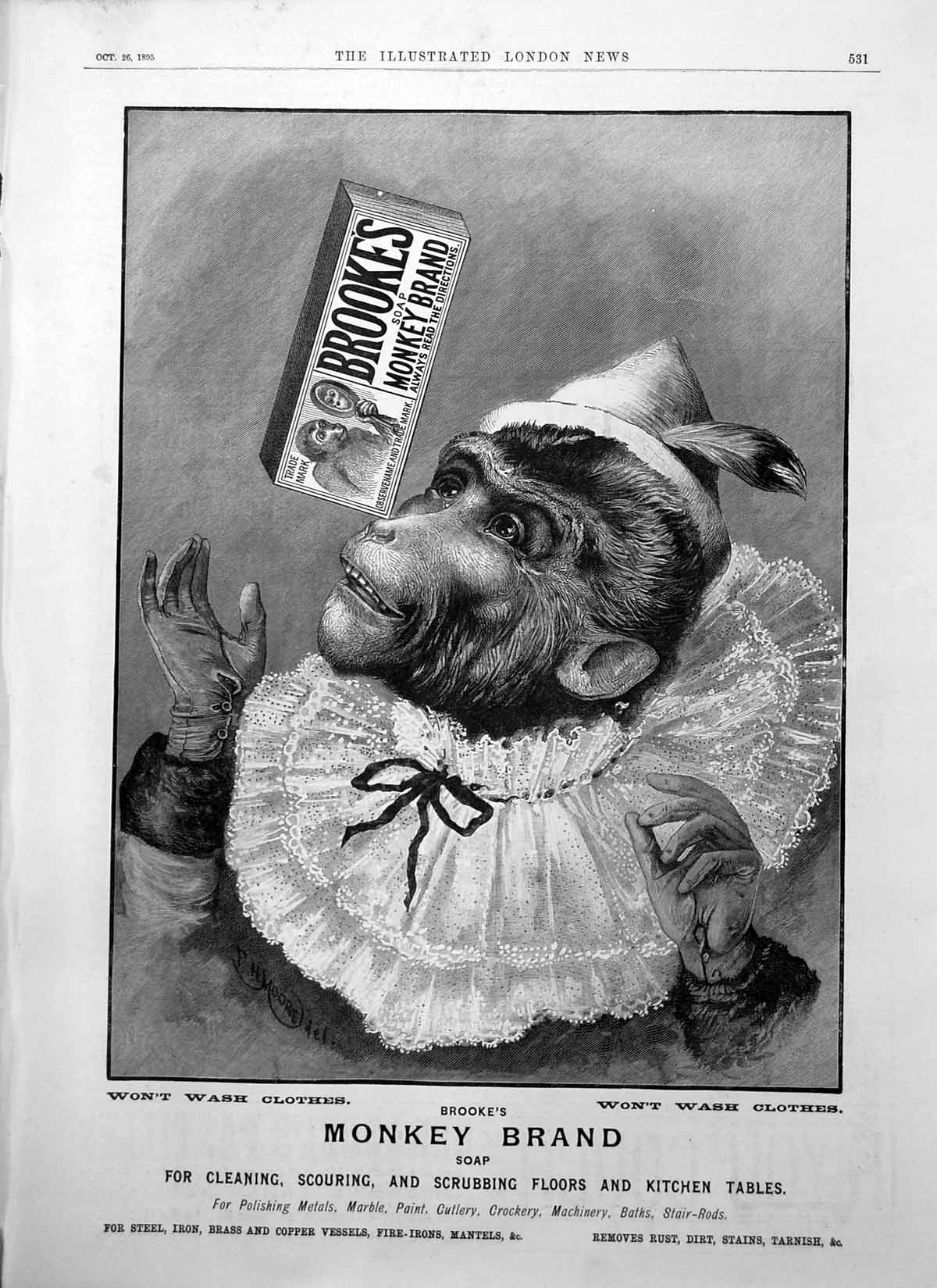 Antique Old Print Brookes Monkey Brand Soap Wont Wash Clothes Cleaning 1895