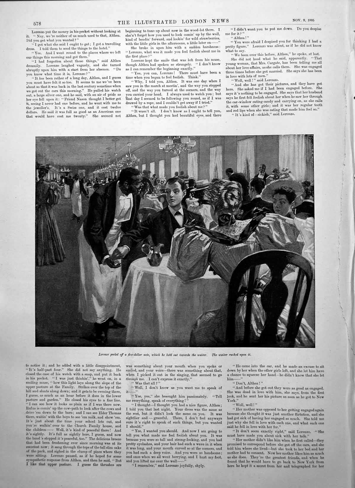 Antique Old Print Day Their Wedding Lorenzo Gave Waiter Five Dollar Note 1895