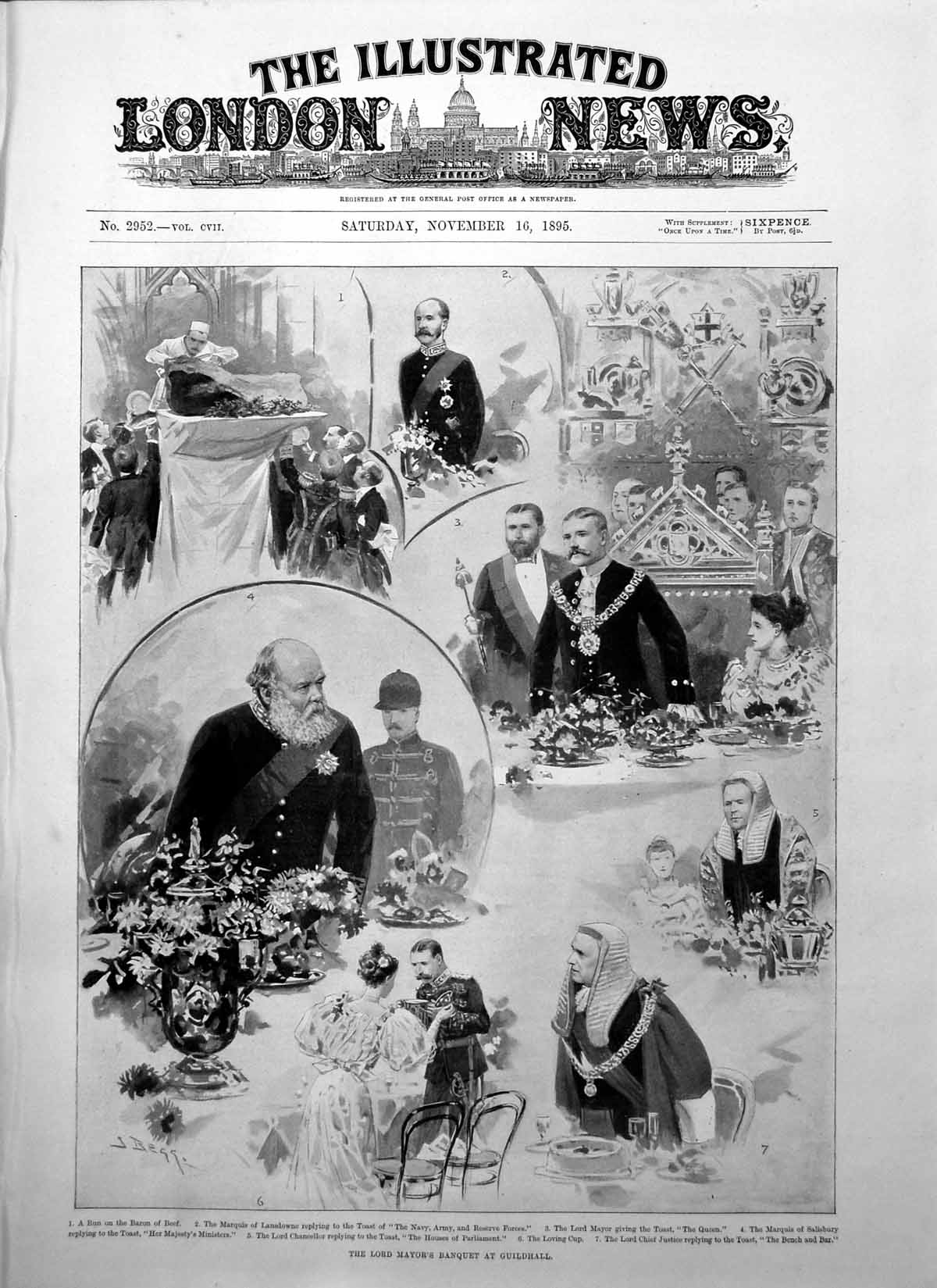 Old Print Lord Mayors Banquet Guildhall Marquis Lansdowne Salisbury 1895 19th