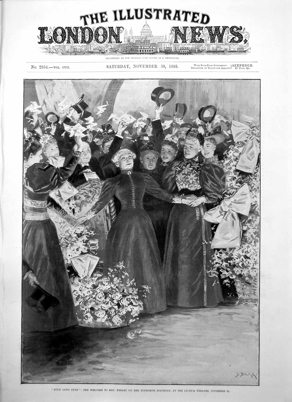 Antique Old Print Auld Lang Syne Welcome Mrs Keeley 90Th Birthday Lyceum 1895