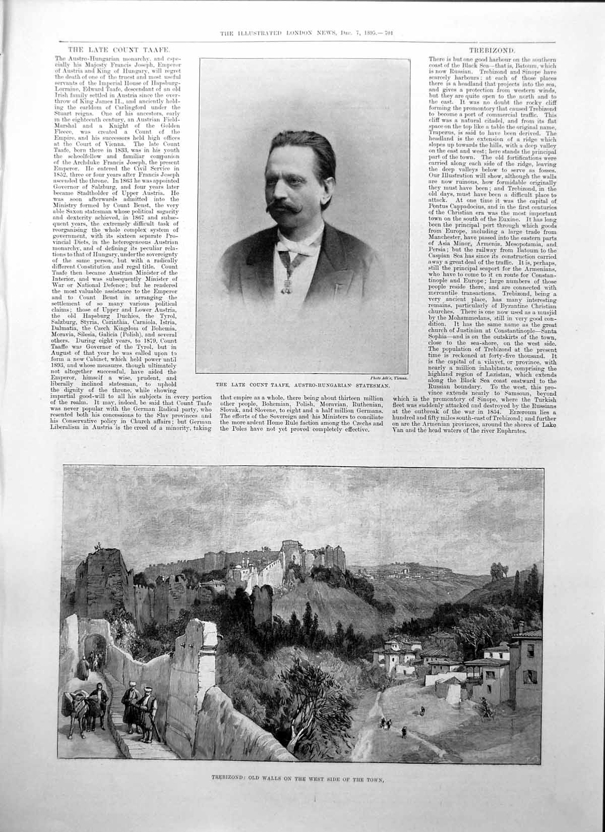 Old Print Late Count Taafe Austo Hungarian Statesman Trebizond Walls1895 19th