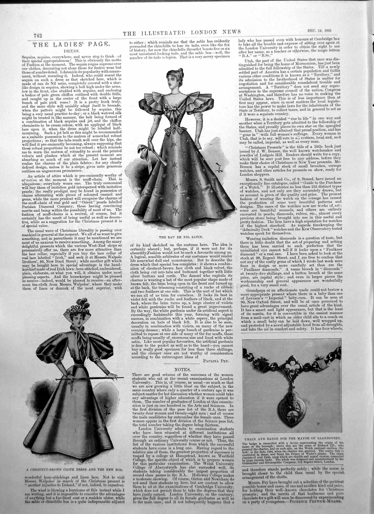 Antique Old Print Chain Badge Mayor Llandovery Cloth Dress New Boa Satin 1895