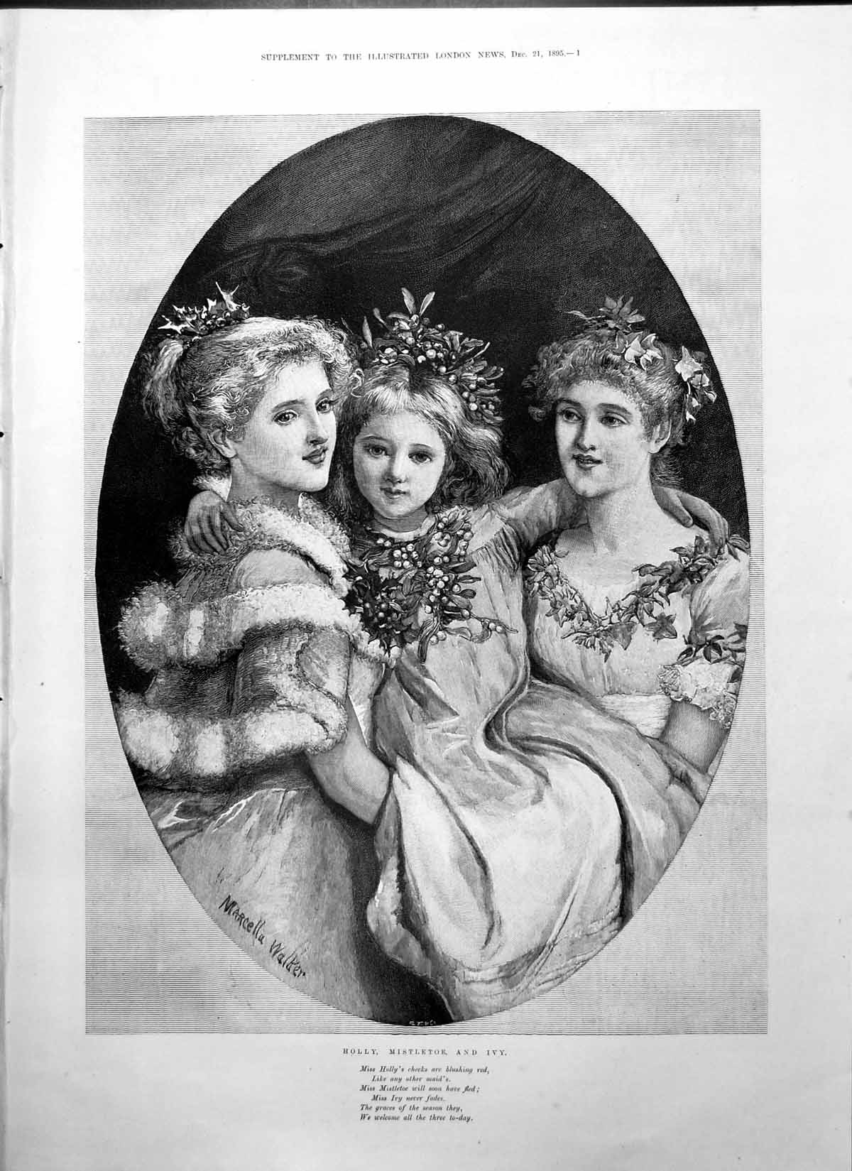 Print Holly Mistletoe Ivy M Walker Three Girls Christmas Day Battle Field1895