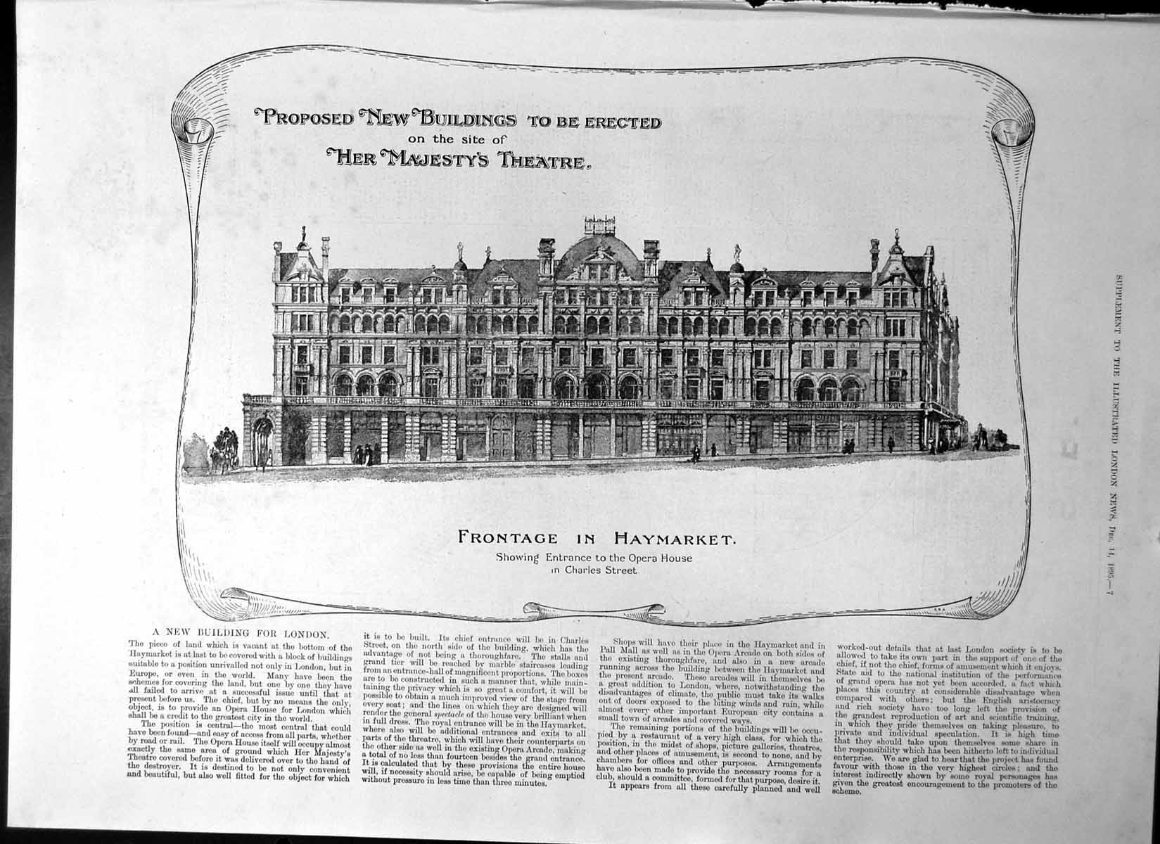 Old Print Proposed New Buildings Site Her Majestys Theatre Haymarket 1895 19th
