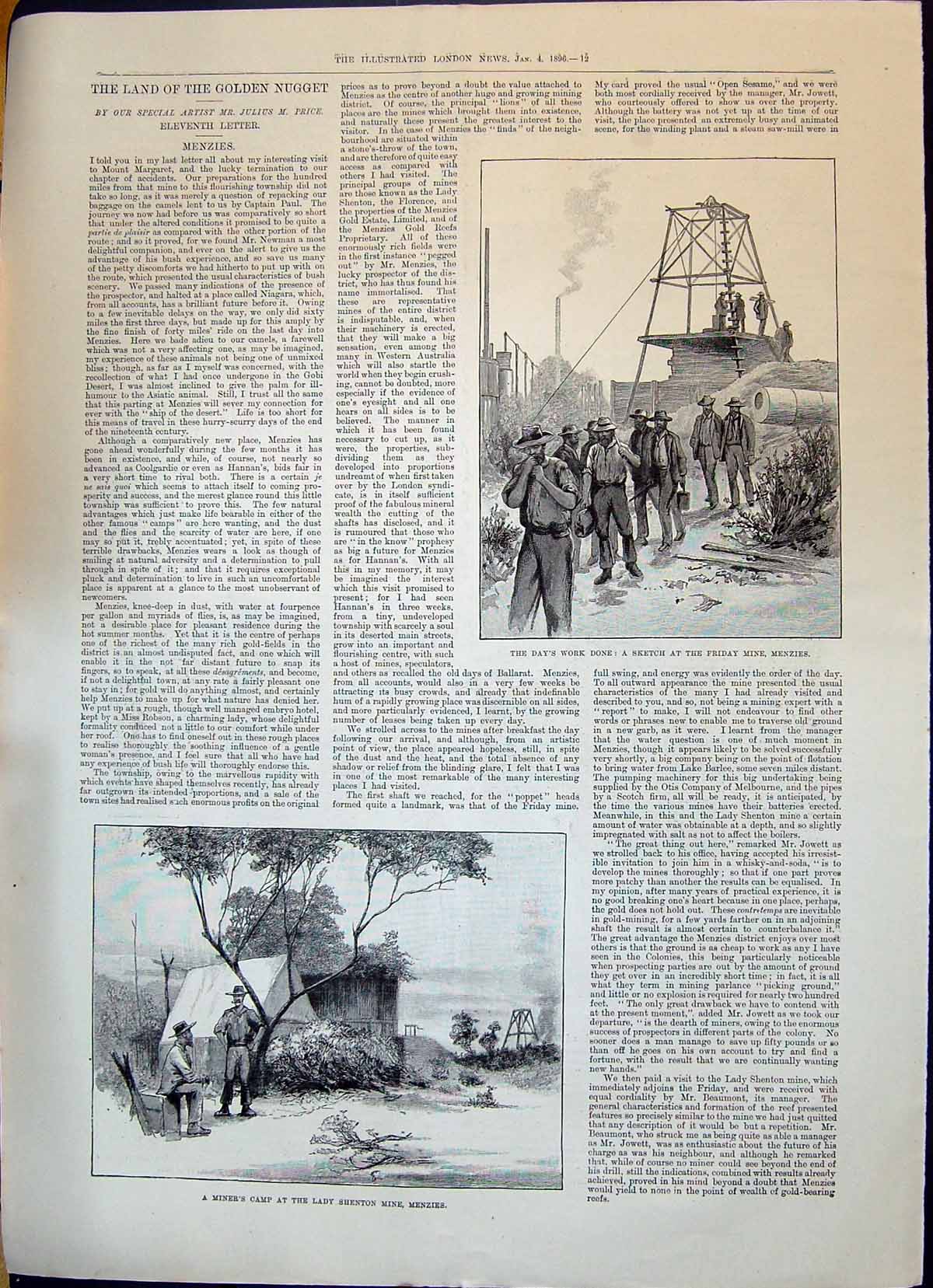 Antique Print 1896 GMining Africa Friday Mine Menzies Miners Camp Lady Shen