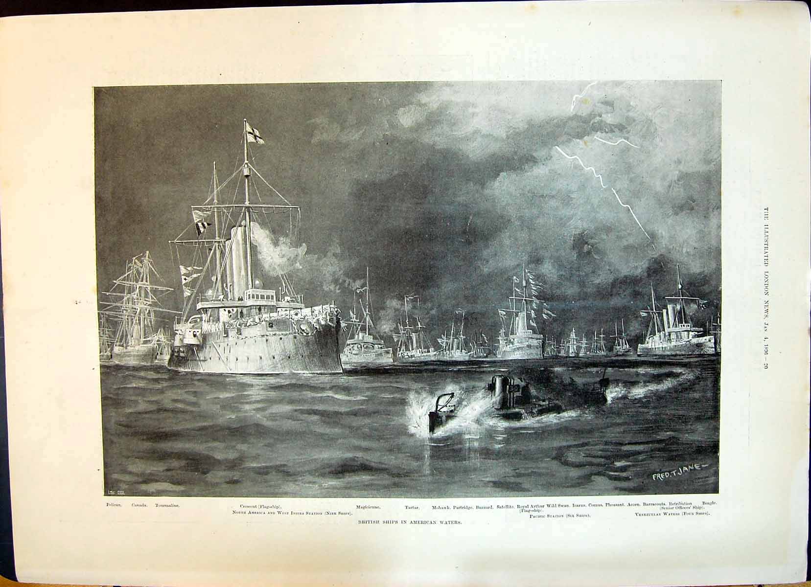 Old 1896 British Ships America Crescent Tartar Mohawk Comus Pelican K Victorian