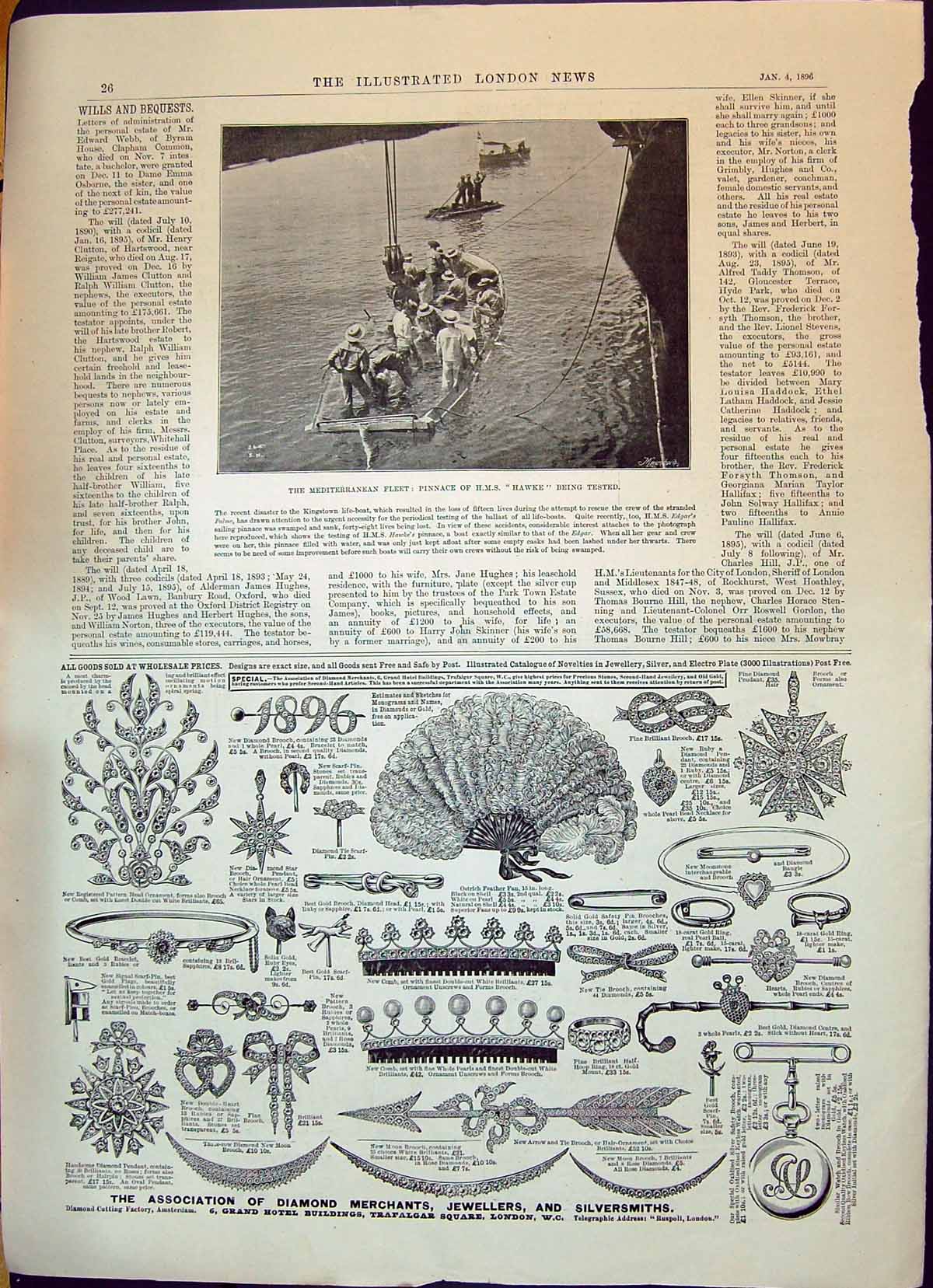 Old Print 1896 Mediterranean Pinnace H.M.S. Ship Hawke Diamond Jewellers 19th