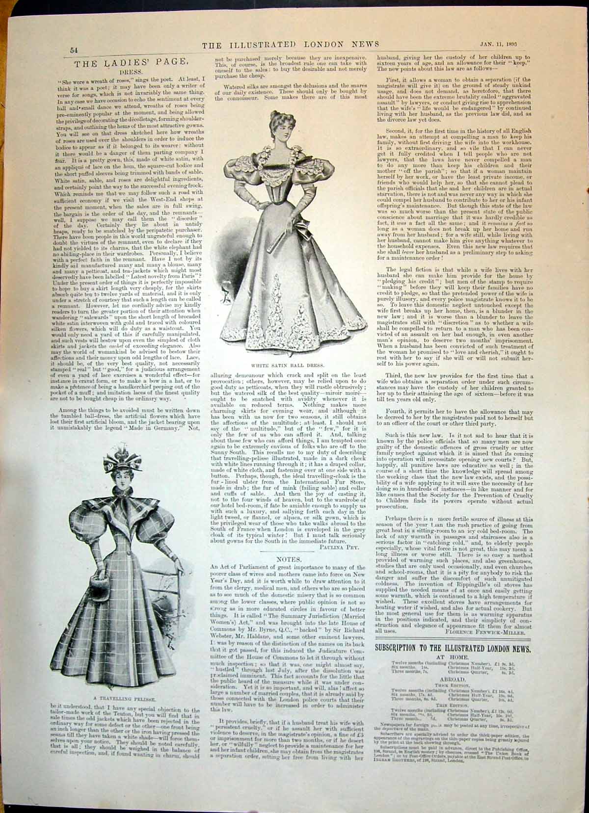 Antique Print 1896 Ladies Fashion White Satin Ball Dress Travelling Pelisse
