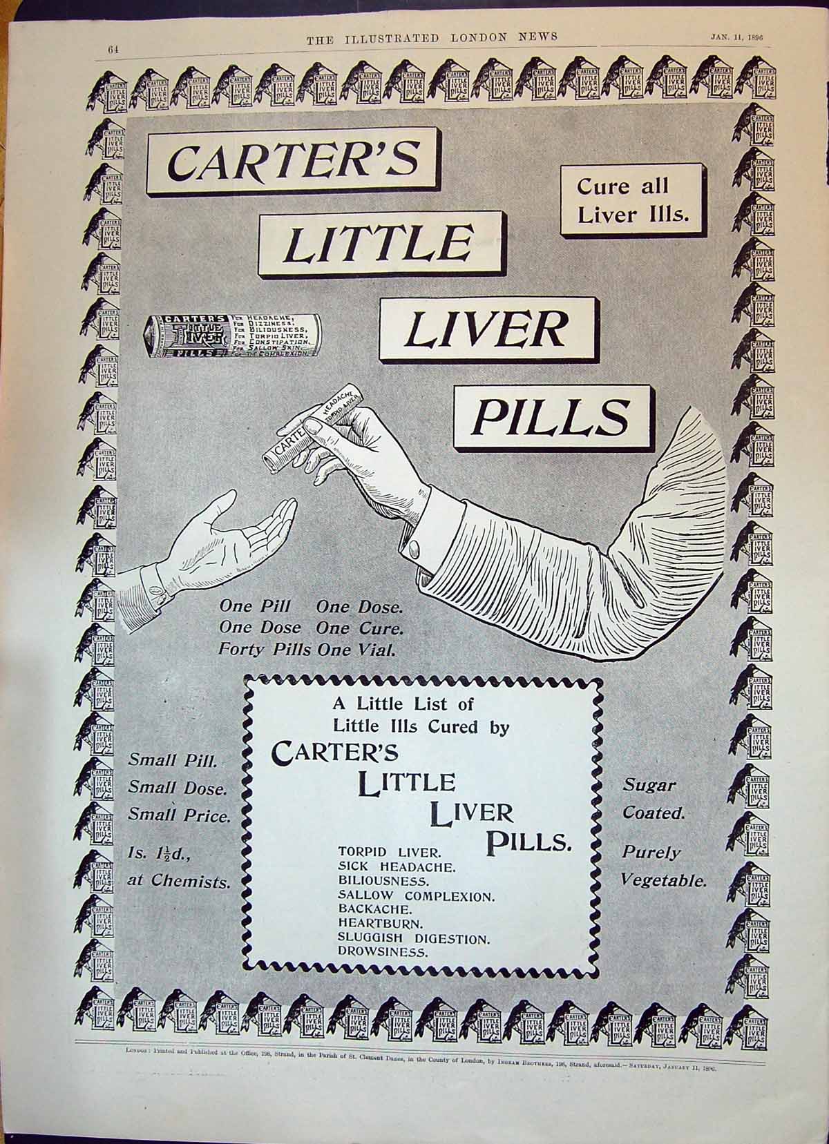 Original Old Antique Print 1896 Advertisement Carter'S Little Liver Pills 19th