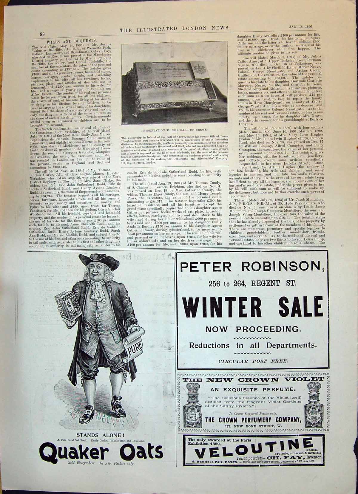 Old Print 1896 Earl Crewe Silver Inkstand Quaker Oats Robinson Jacobs Oil 19th