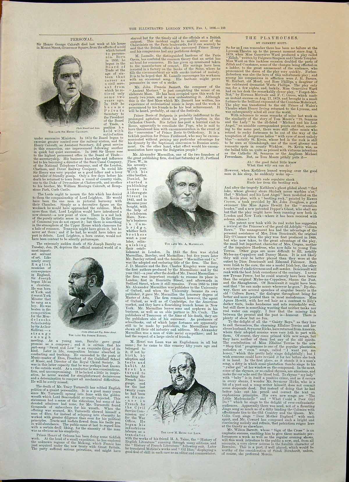 Old 1896 Henry Calcraft Macmillan Joseph Barnby Henri Van Laun Portra Victorian