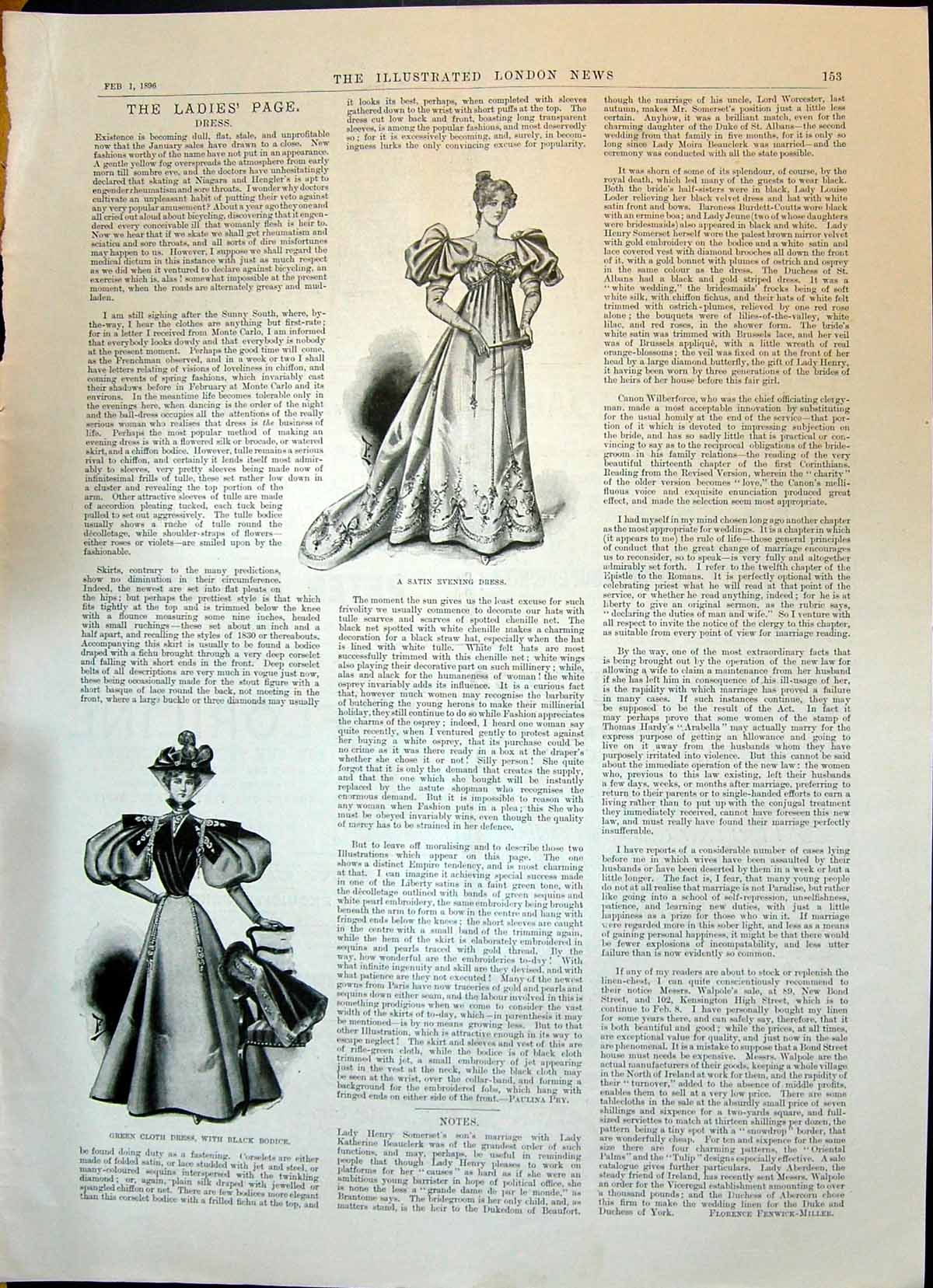 Old 1896 Ladies Fashion Satin Evening Dress Green Cloth Black Bodice Victorian