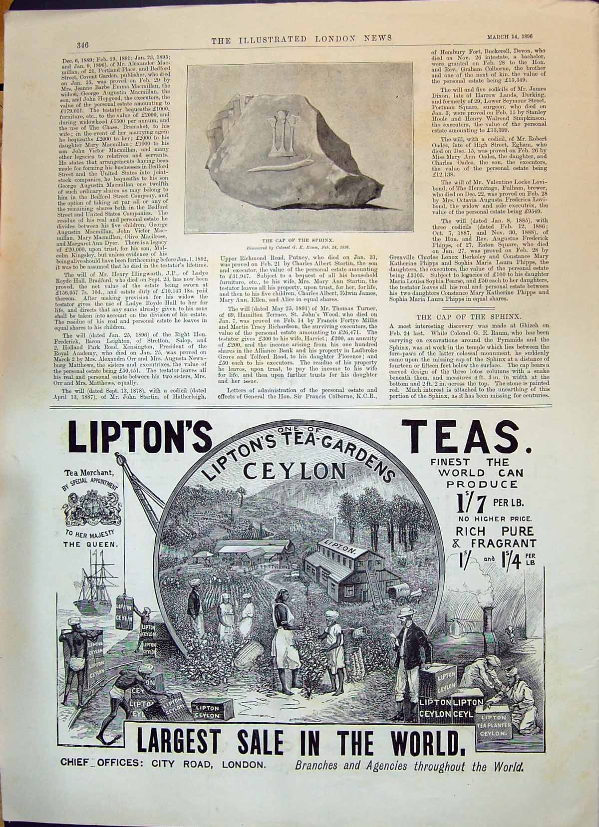 Antique Old Print Lipton'S Teas Ceylon London 1896 Cap Sphinx Colonel Raum 19th