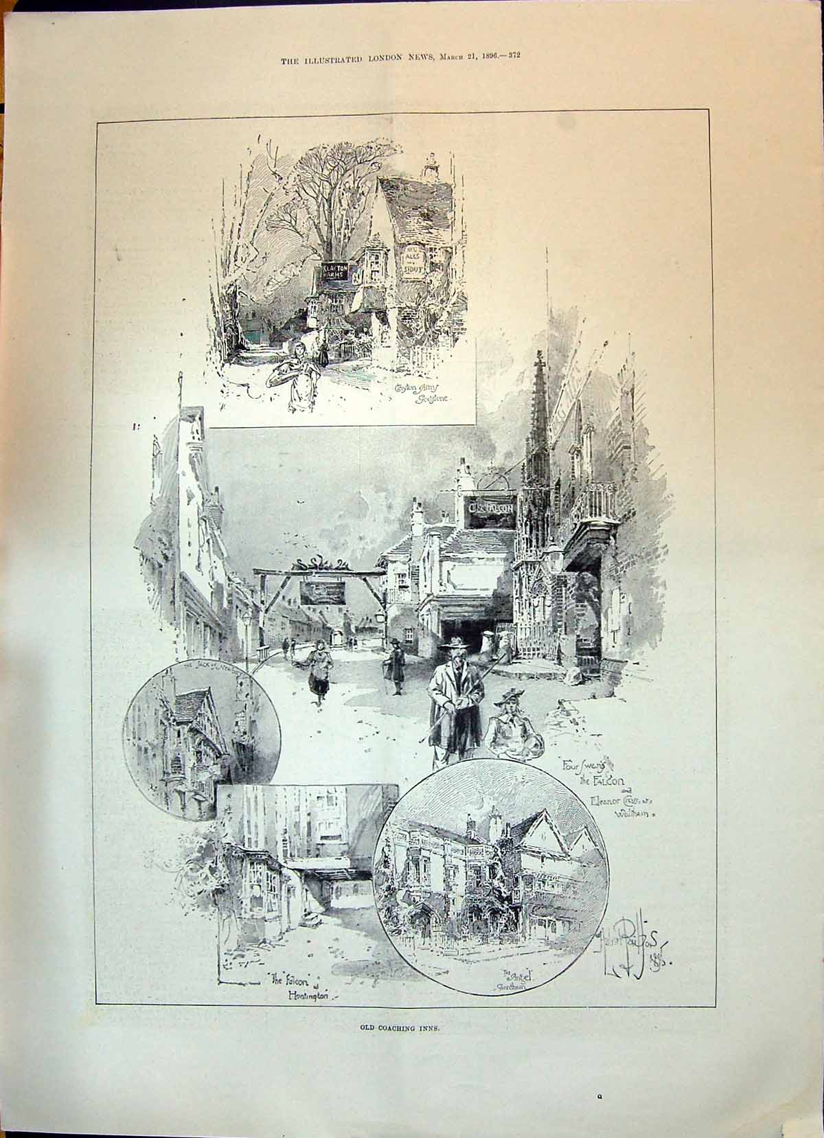 Antique Print 1896 Coaching Inns Falcon Dayton Arms Godstone Angel Grantham