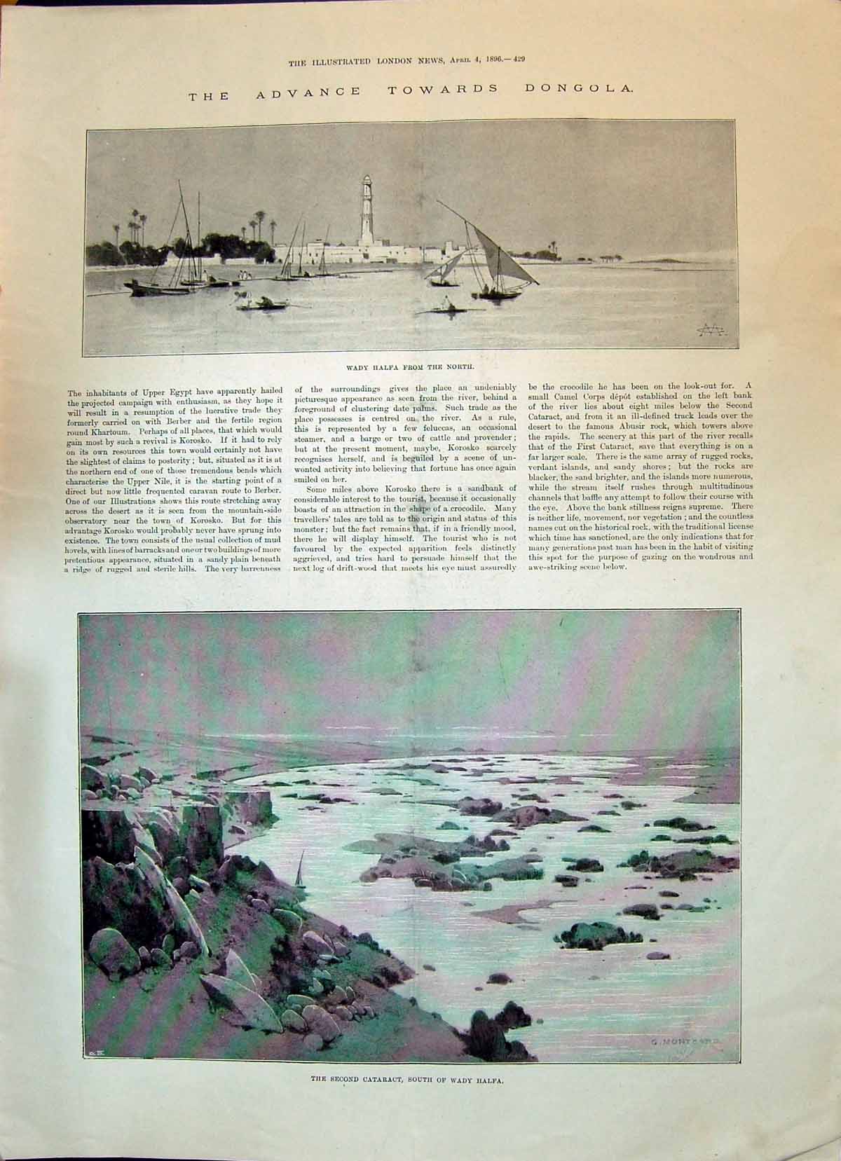 Old Print 1896 Dongola Wady Halfa Lighthouse Yachts Second Cataract Egypt 19th