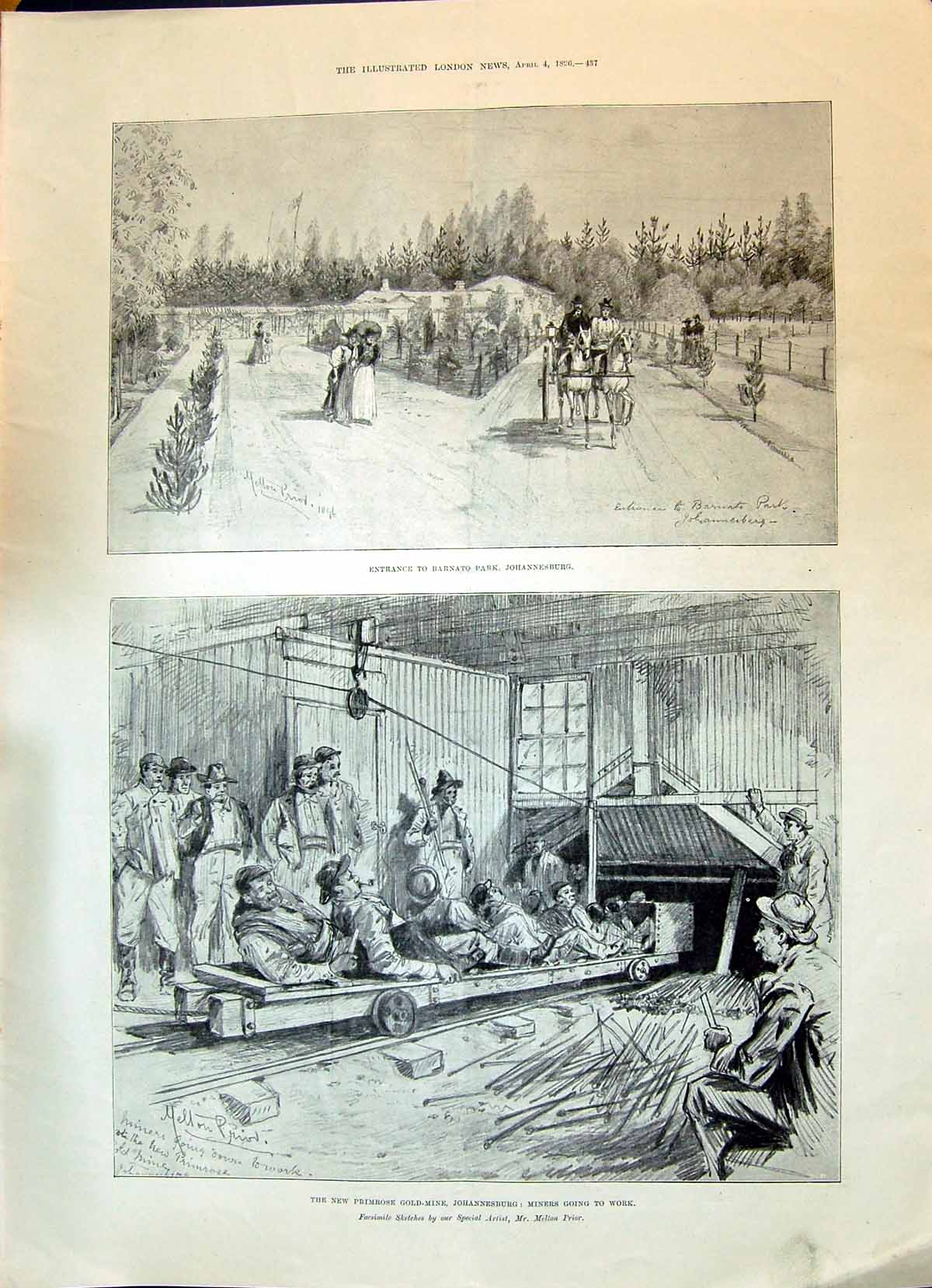 Antique Print 1896 Primrose GMine Johannesburg Miners Barnato Park Africa M