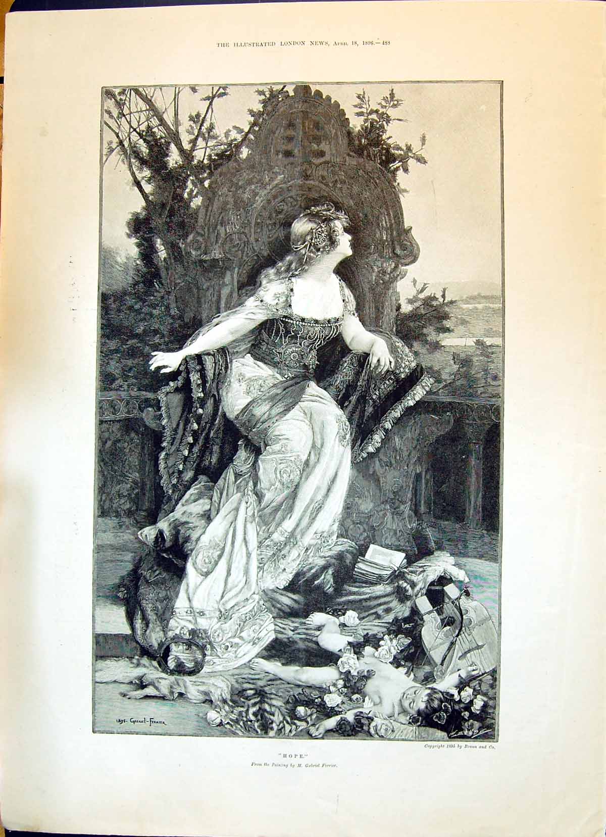 Antique Print 1896 Beautiful Woman Flowers Children Wedding Harrison Maple 19th