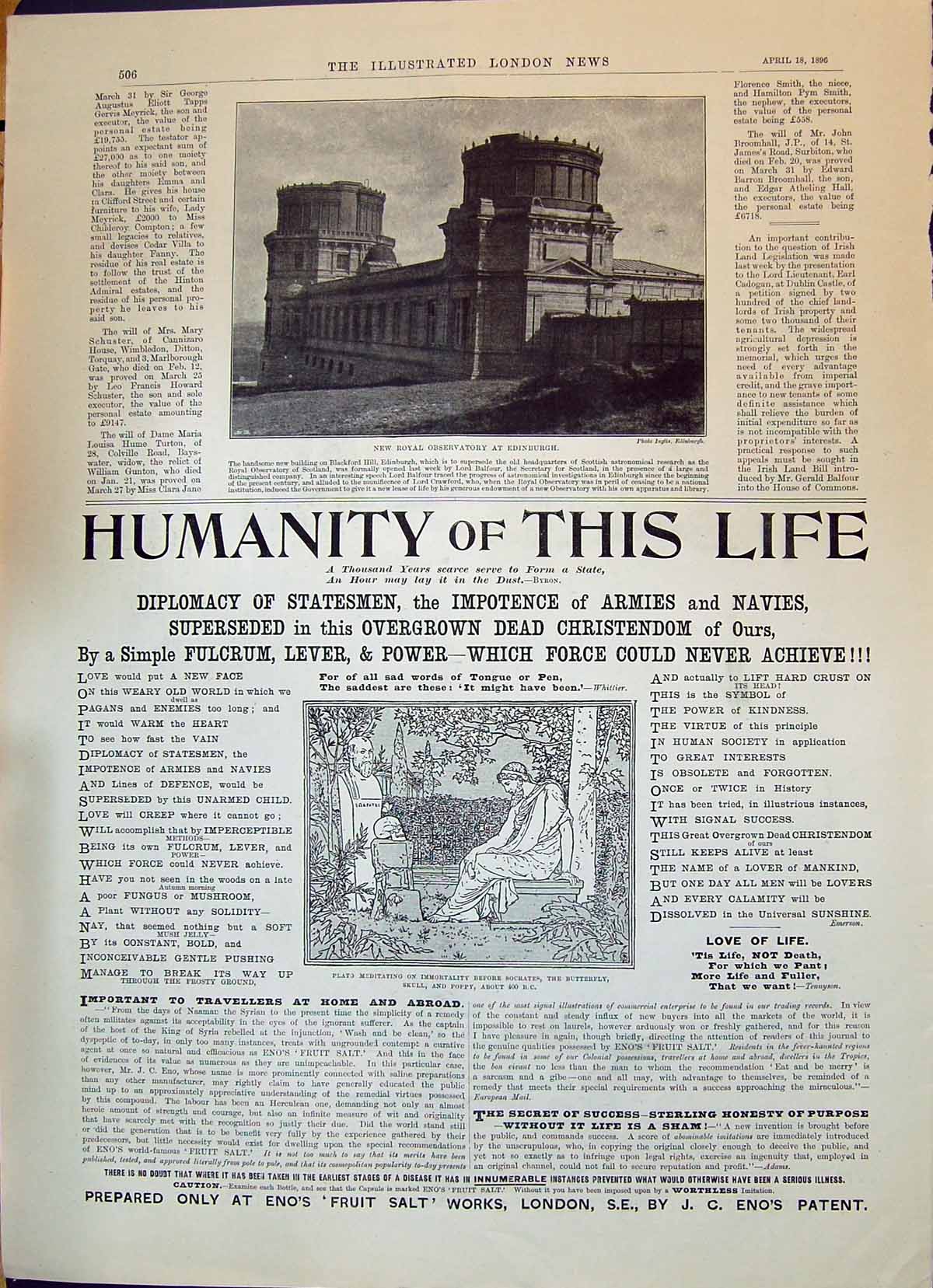 Old 1896 Royal Observatory Edinburgh Eno'S Fruit Salt Edwards Harlene Victorian