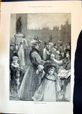 Original Old Antique Print 1896 Primrose Day Westminster Flowers Girls London