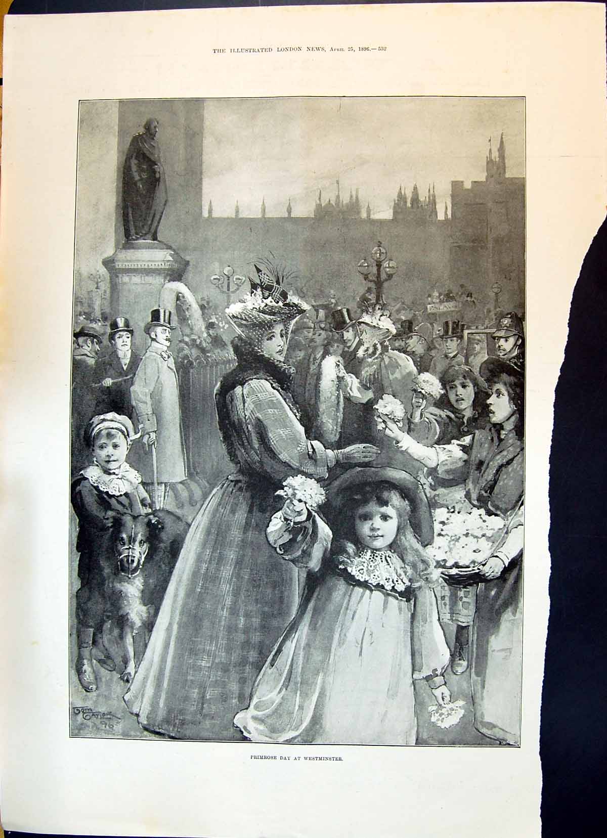 Original Old Antique Print 1896 Primrose Day Westminster Flowers Girls London