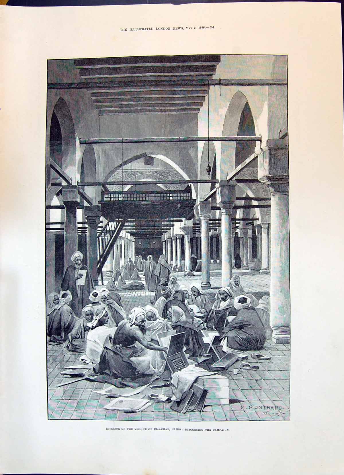 Old 1896 Interior Mosque El-Azhar Cairo Egypt Men Discussing Campaign Victorian